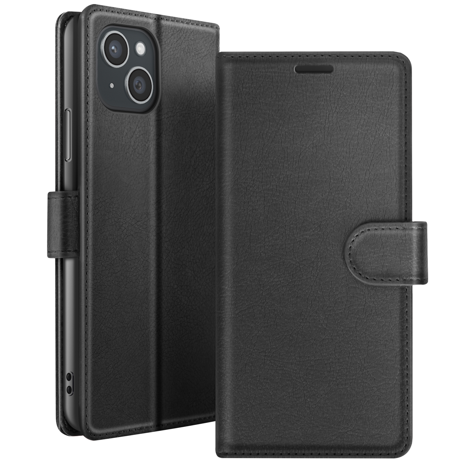 Zwarte leren telefoonhoes, open en dicht, met camera-uitsparingen en knoopsluiting, tegen een witte achtergrond.