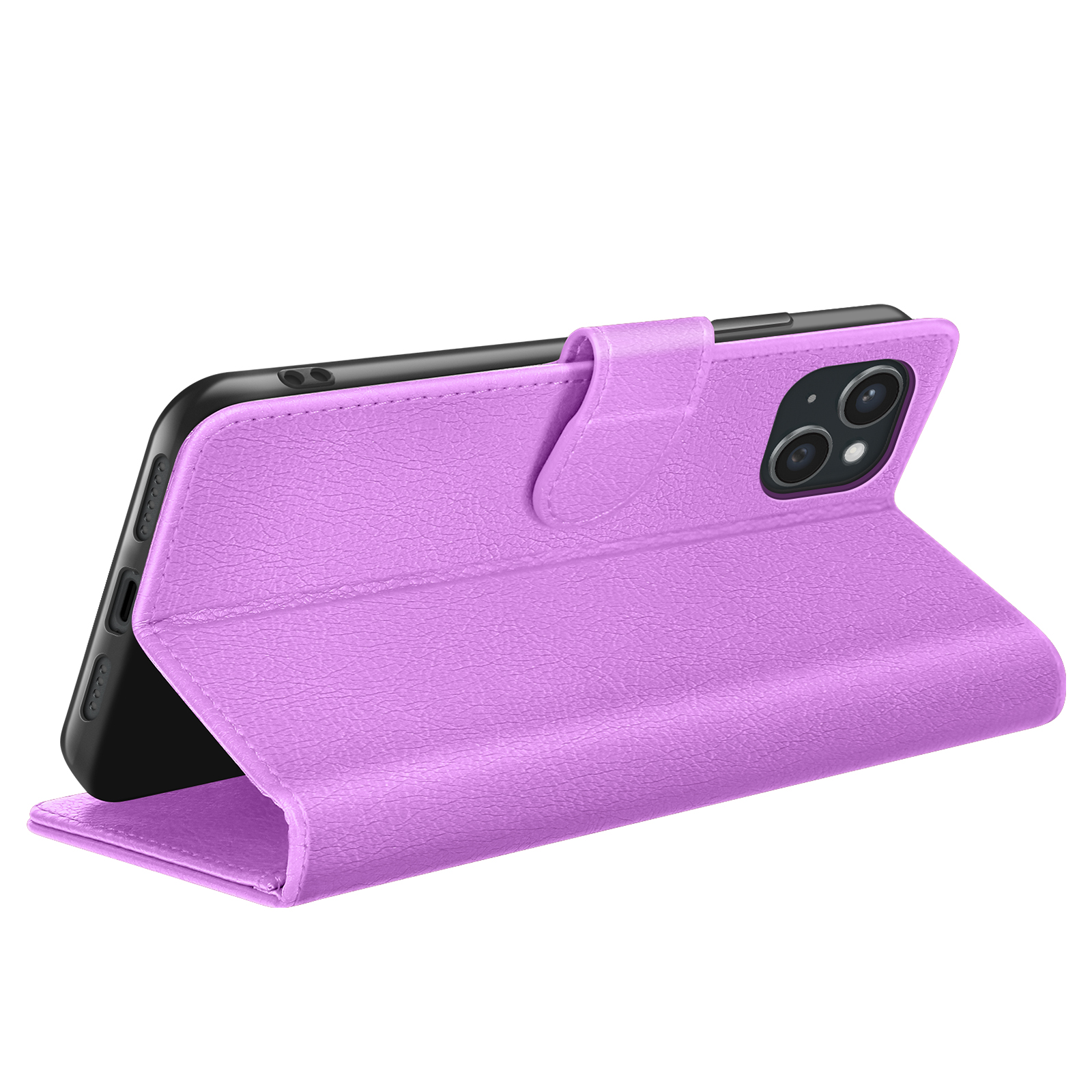 Een paarse telefoonhoes is open en onthult een zwarte telefoon. De hoes heeft een getextureerd oppervlak en een magnetische sluiting.