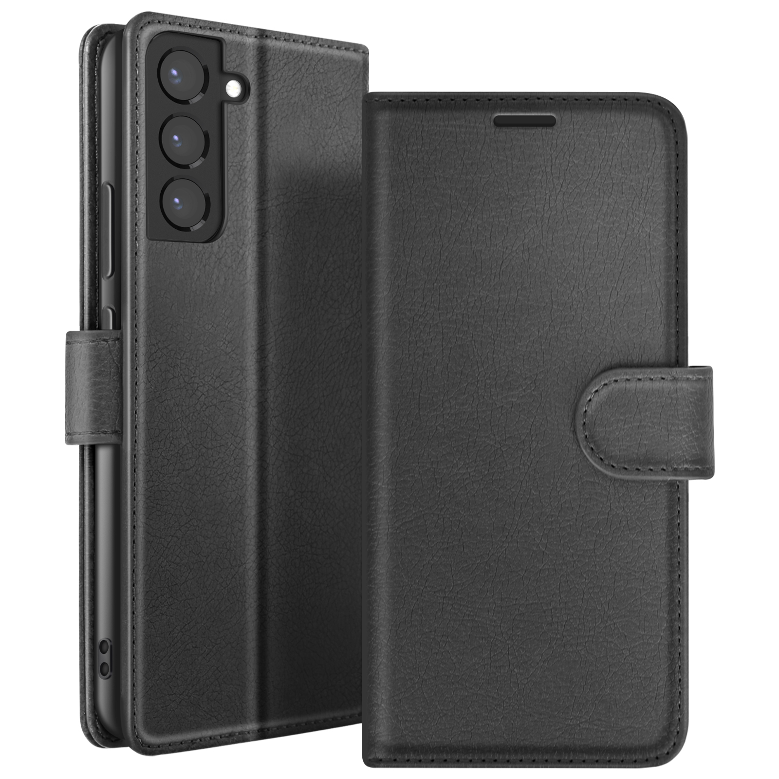 Étui de téléphone noir, ouvert. Montre un téléphone, trois caméras et un rabat avec fermoir magnétique.