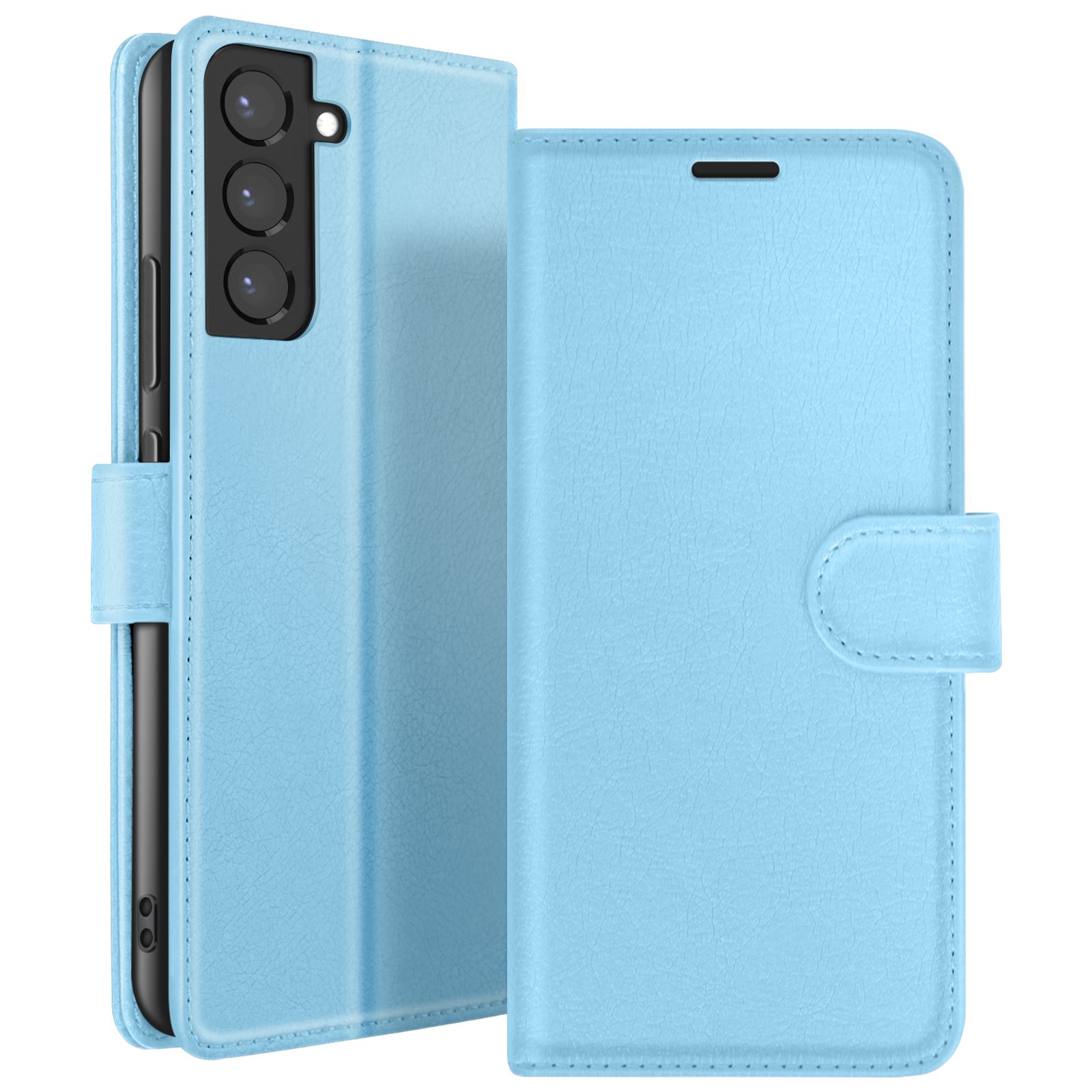 Un étui de téléphone bleu clair, ouvert pour montrer un téléphone à l'intérieur. L'étui a une fermeture à bouton et une surface texturée.