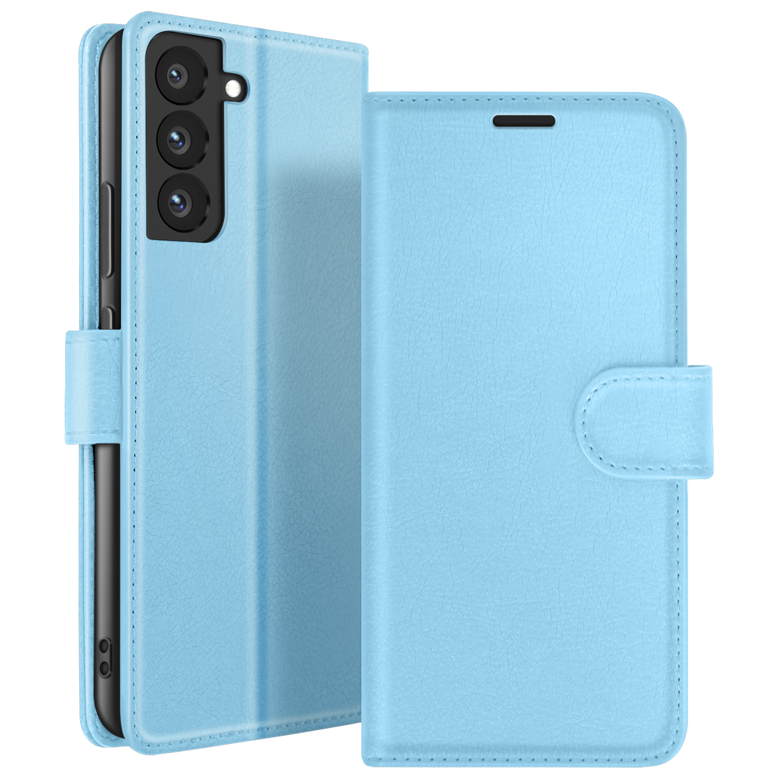 Un étui de téléphone bleu clair de style livre, ouvert vers la droite, révélant un téléphone noir avec trois caméras.