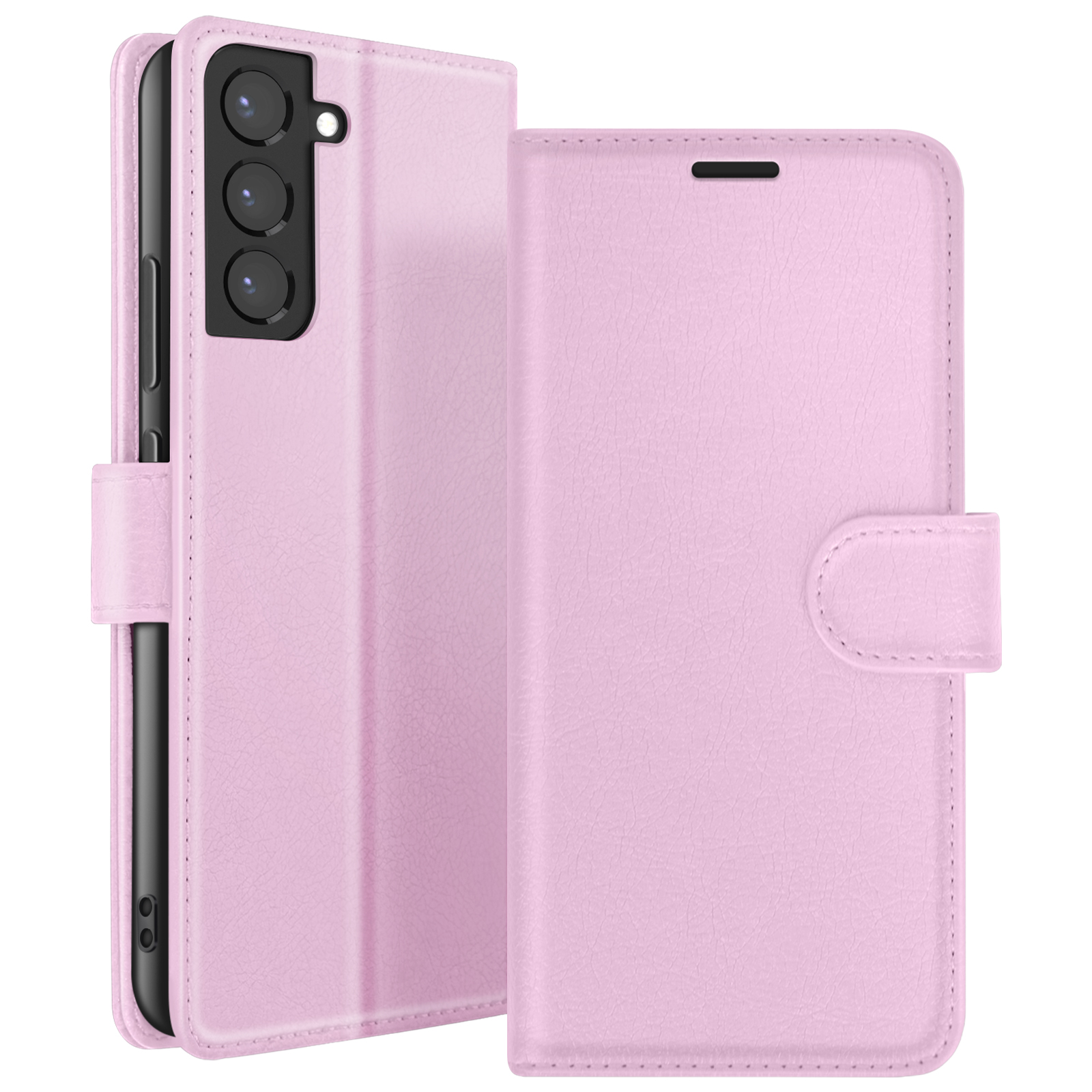 Un étui de téléphone rose avec fermoir magnétique est présenté ouvert, affichant un téléphone. L'étui a une surface texturée.