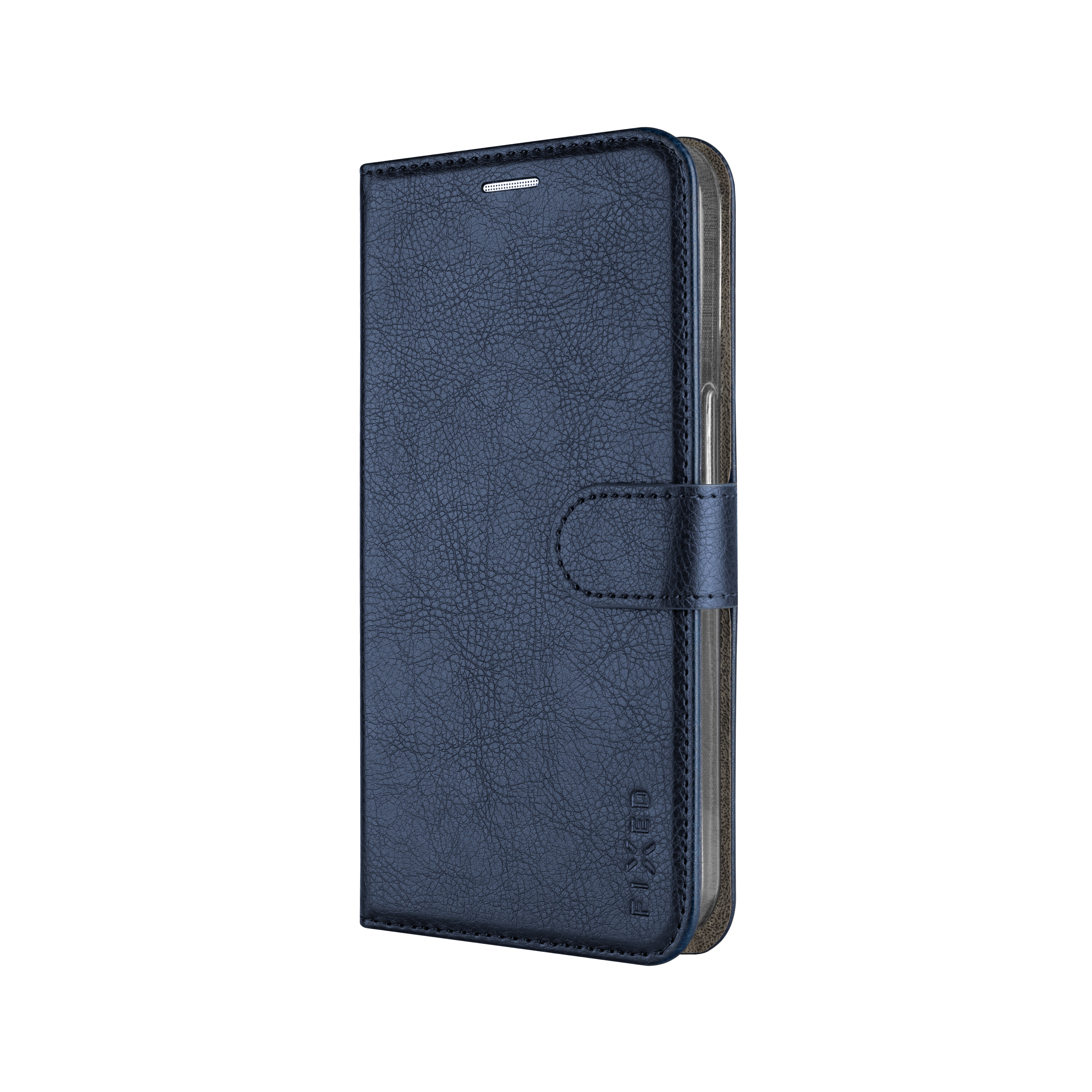 Eine blaue Leder-Handyhülle, geschlossen, mit Magnetverschluss. Die Hülle befindet sich auf weißem Hintergrund. Markenname sichtbar.
