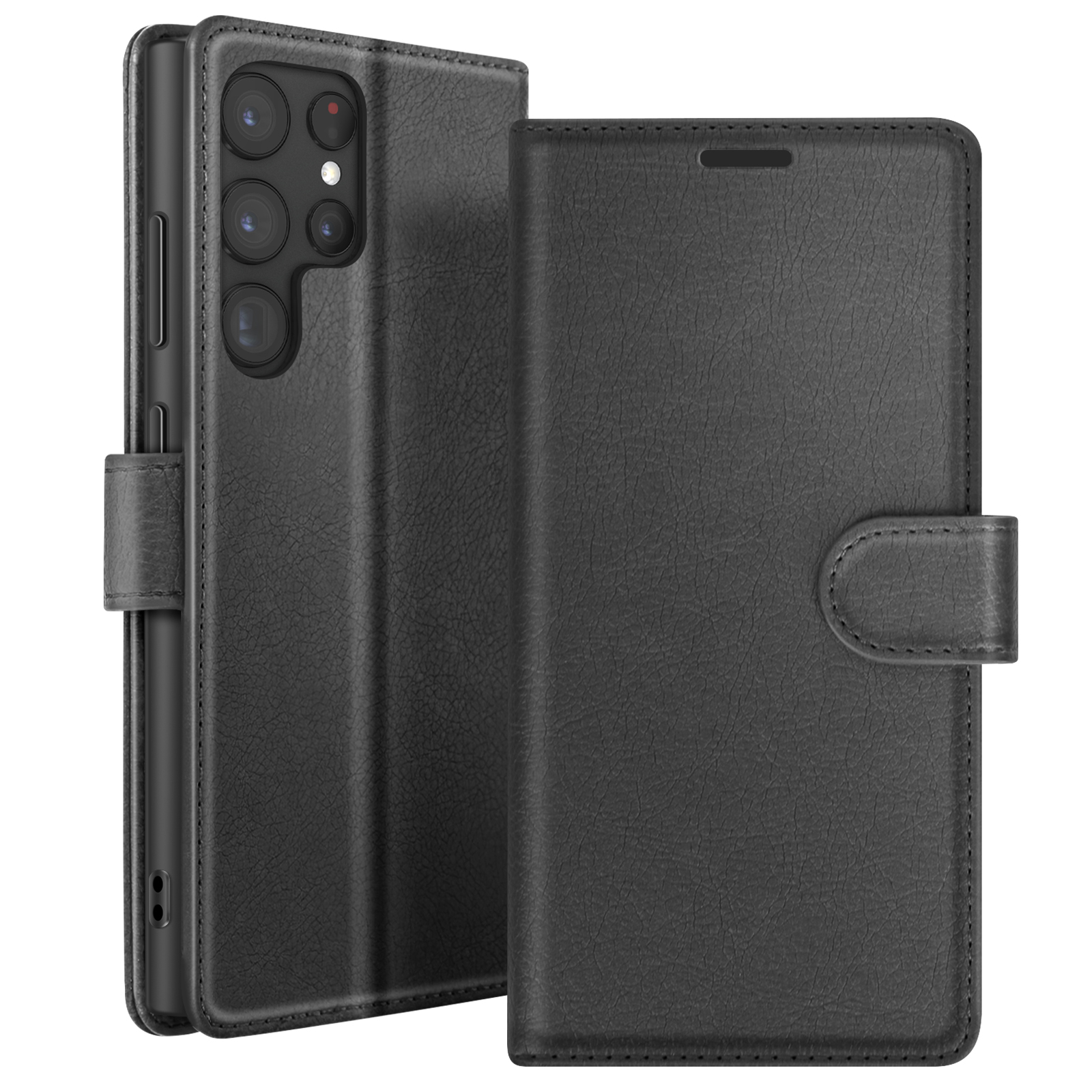 Étui de téléphone en cuir noir, ouvert. Montre le téléphone et l'intérieur de l'étui. Dispose d'une fermeture magnétique.