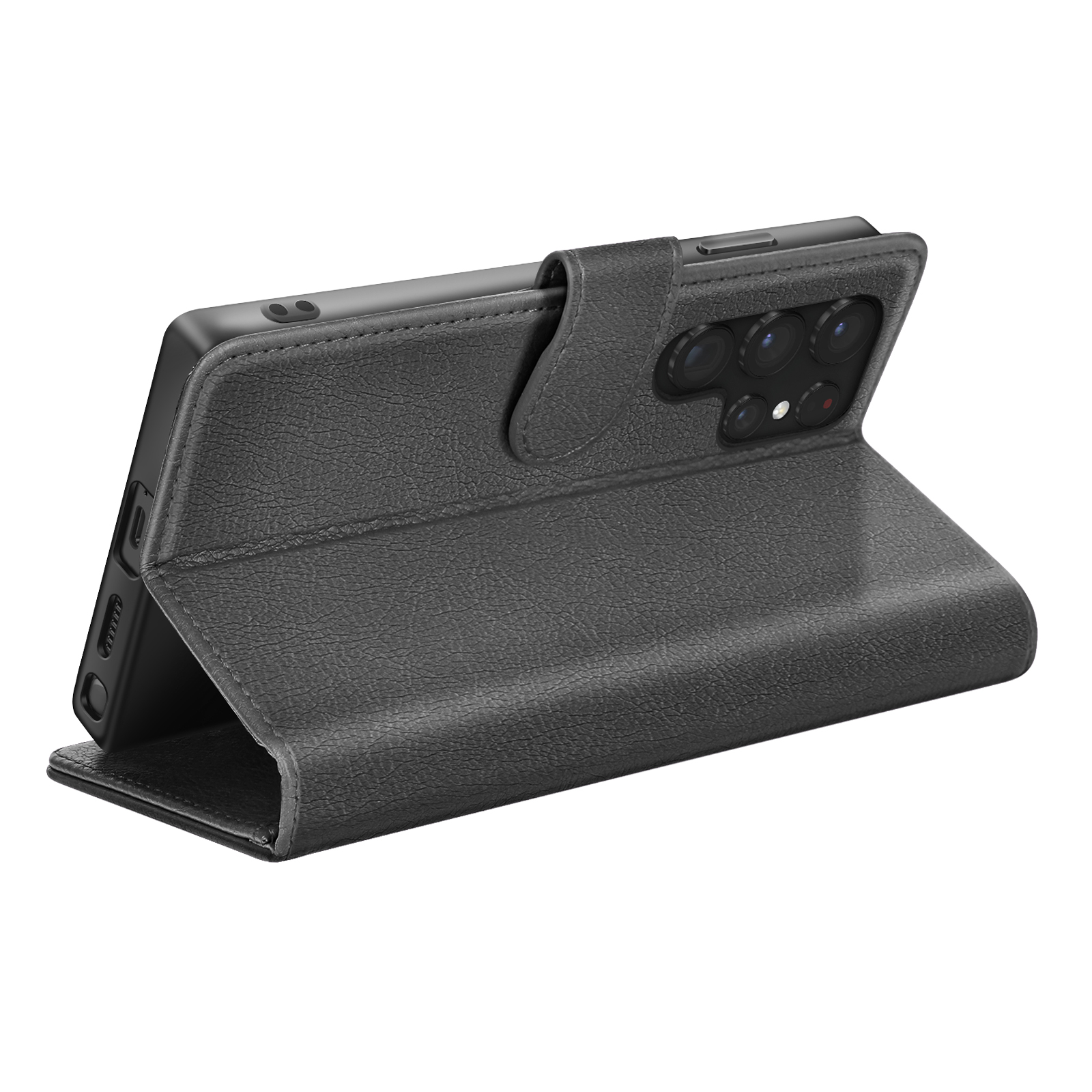 Un étui de téléphone gris foncé avec une finition texturée est ouvert. Visible : caméra du téléphone, boutons latéraux et rabat.