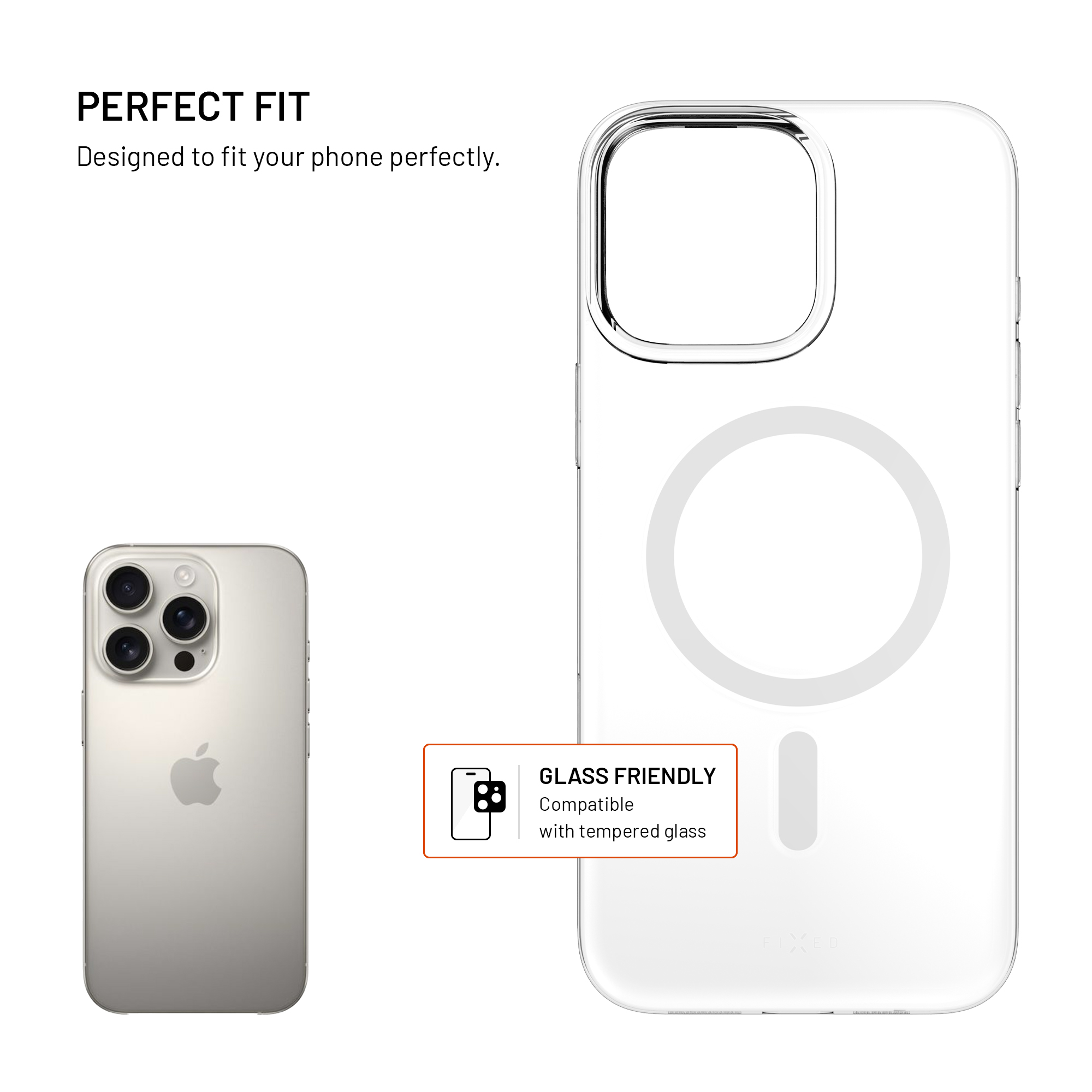 Transparente Handyhülle neben einem Telefon. Text lautet 'PERFECT FIT'. Die Hülle ist glasfreundlich.