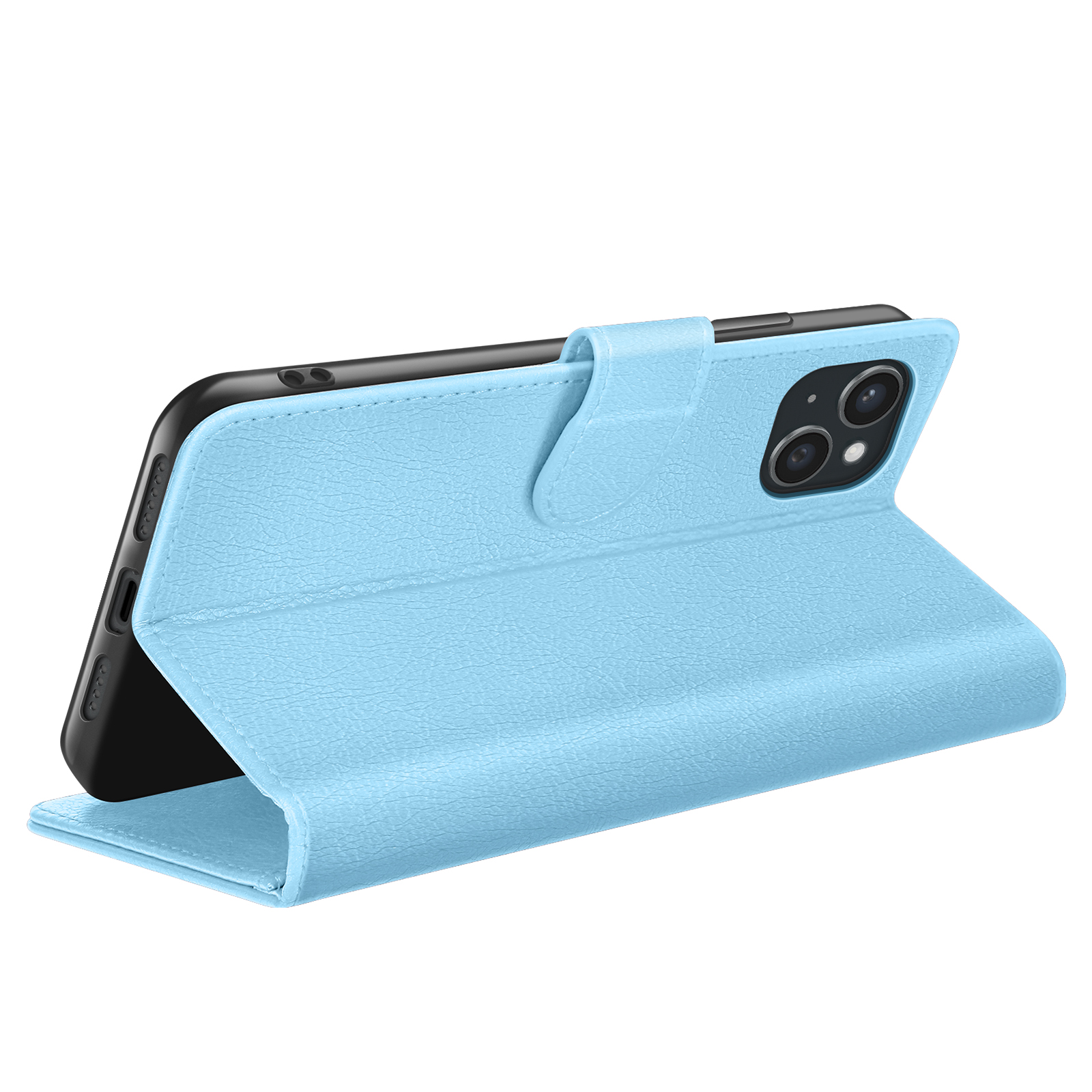 Een lichtblauwe telefoonhoes, opengeklapt om een zwarte smartphone te onthullen. De hoes heeft een getextureerde afwerking en een magnetische sluiting.