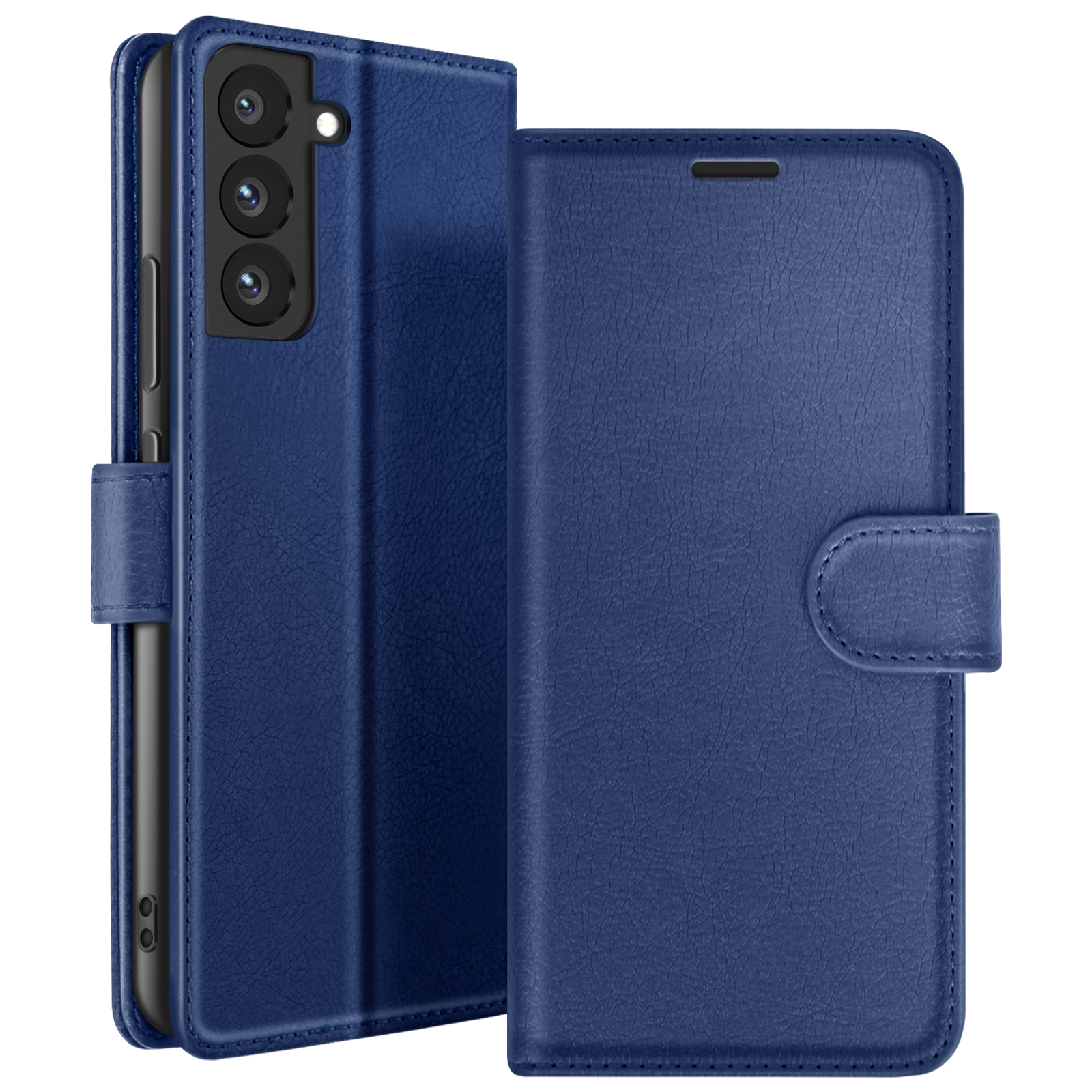 Un étui de téléphone bleu est présenté, ouvert pour révéler le téléphone. L'étui a une fermeture à bouton.