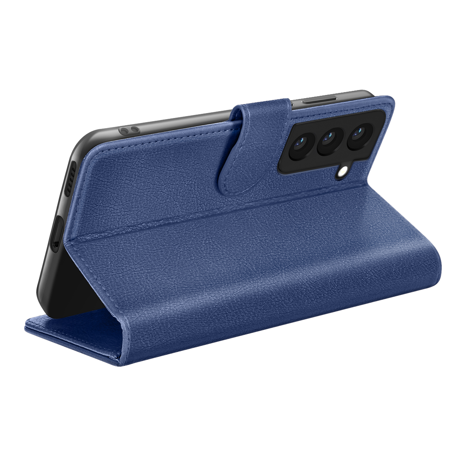 Étui de téléphone en cuir bleu avec un téléphone à l'intérieur. L'étui est plié et a une fermeture magnétique.