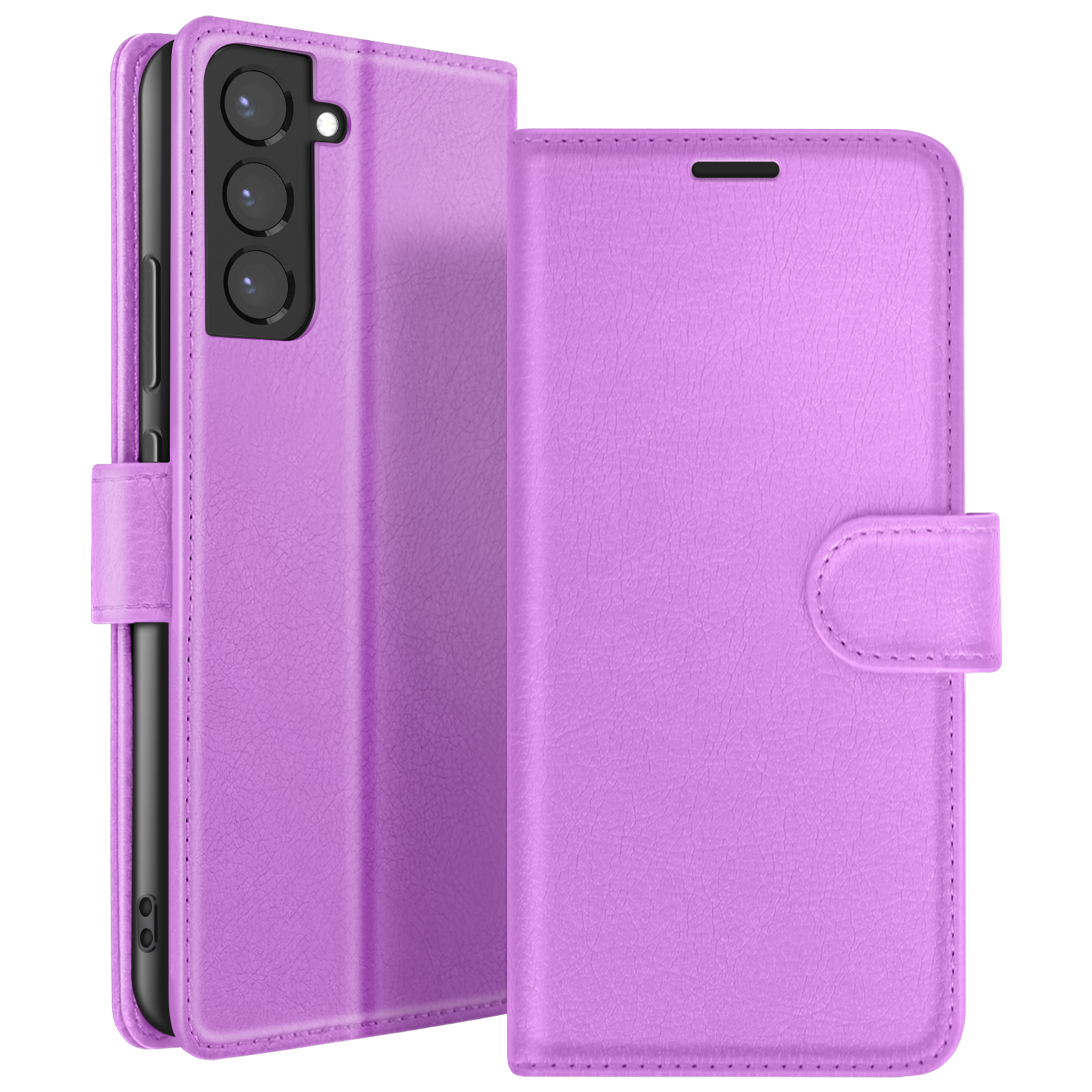 Un étui de téléphone violet est ouvert, révélant un téléphone. L'étui a une fermeture. Le téléphone a trois lentilles.