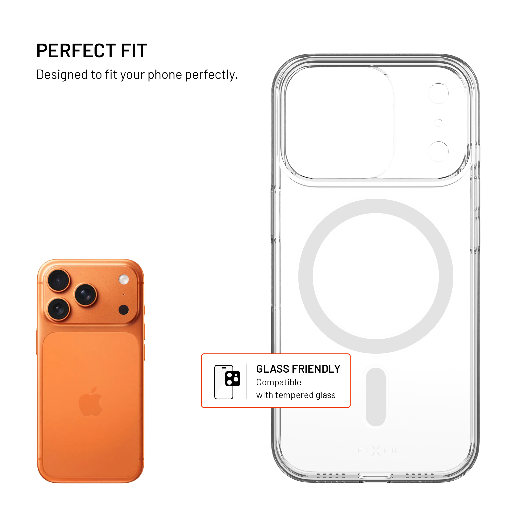 Ein orangefarbenes Telefon und eine transparente Telefonhülle werden angezeigt. Die Telefonhülle hat einen Magnetkreis.