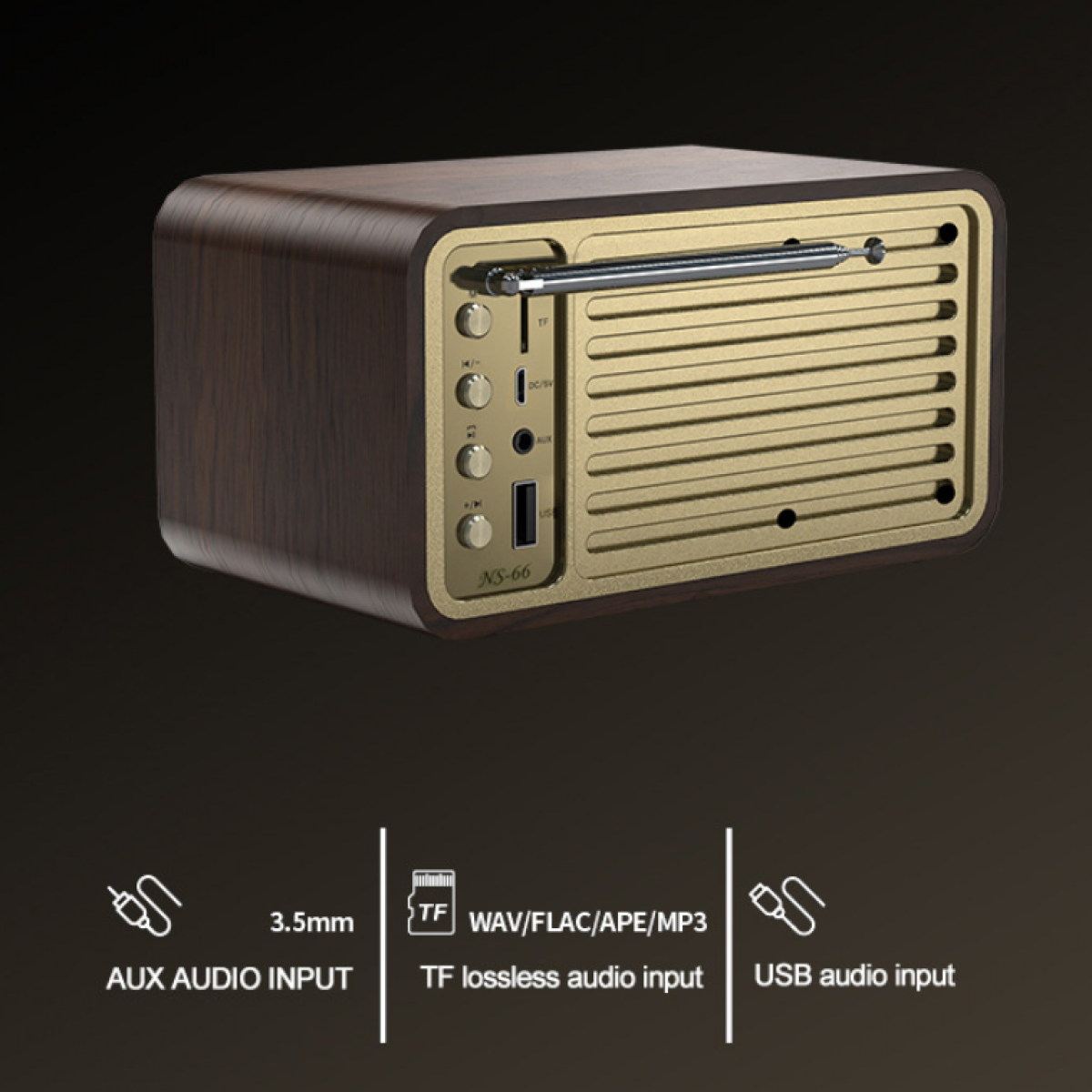 Ein Radio im Vintage-Stil mit Holzgehäuse und goldfarbener Frontplatte. Verfügt über Knöpfe, eine Antenne und Eingangsoptionen.