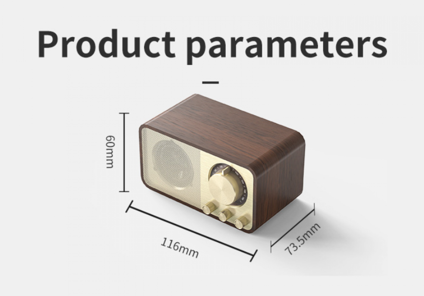 Ein Radio im Retro-Stil mit Holzmaserung. Abmessungen: 116 mm x 73,5 mm x 60 mm. "Produktparameter" steht über dem Radio.