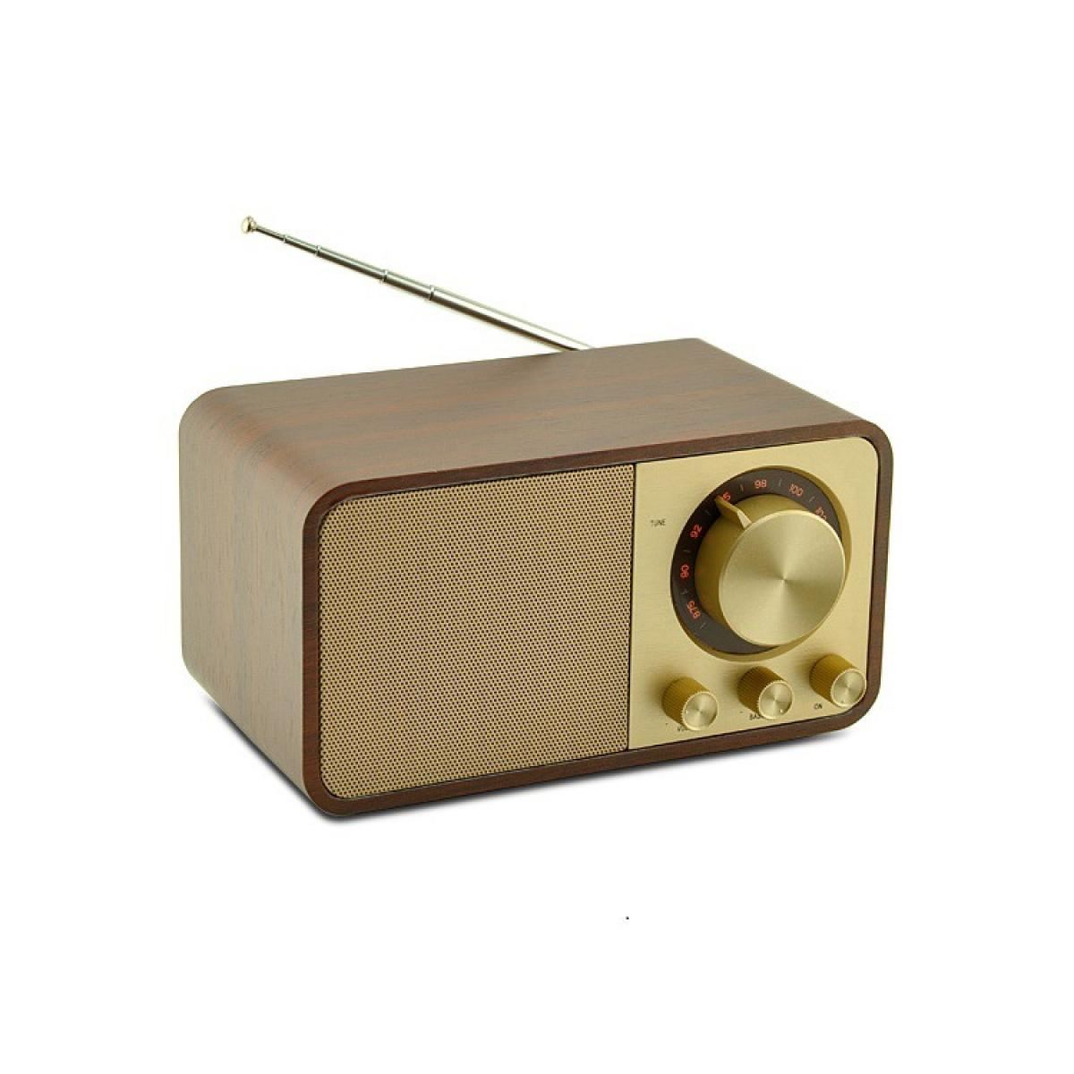 Ein Radio im Vintage-Stil mit Holzgehäuse, goldfarbener Lautsprecherabdeckung und Bedienelementen. Es hat ein Einstellrad und eine Antenne.
