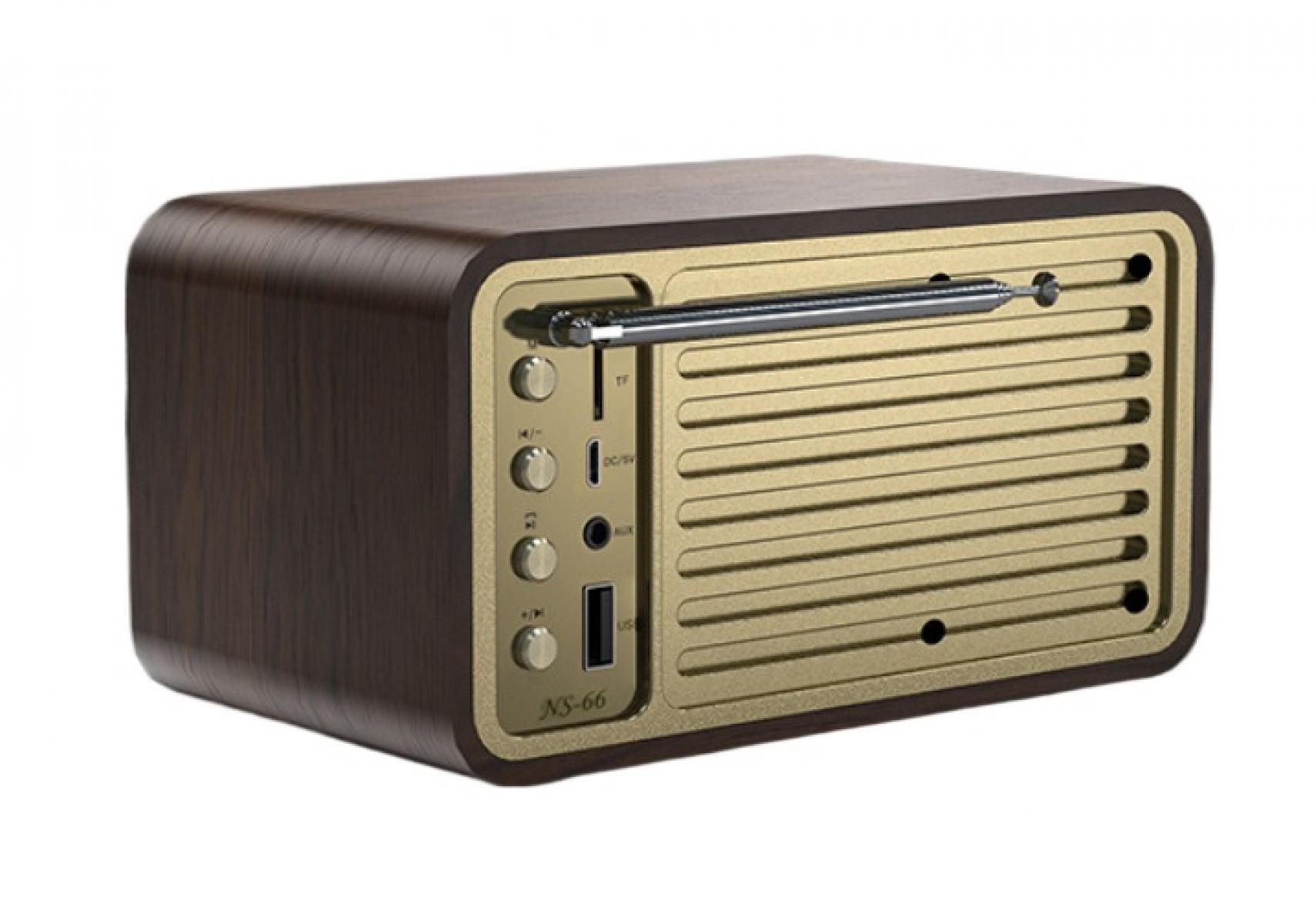 Retro-Radio mit Holzgehäuse und goldfarbener Frontplatte. Mit Knöpfen, Anschlüssen und Antenne. Modellname 'NS-66' sichtbar.