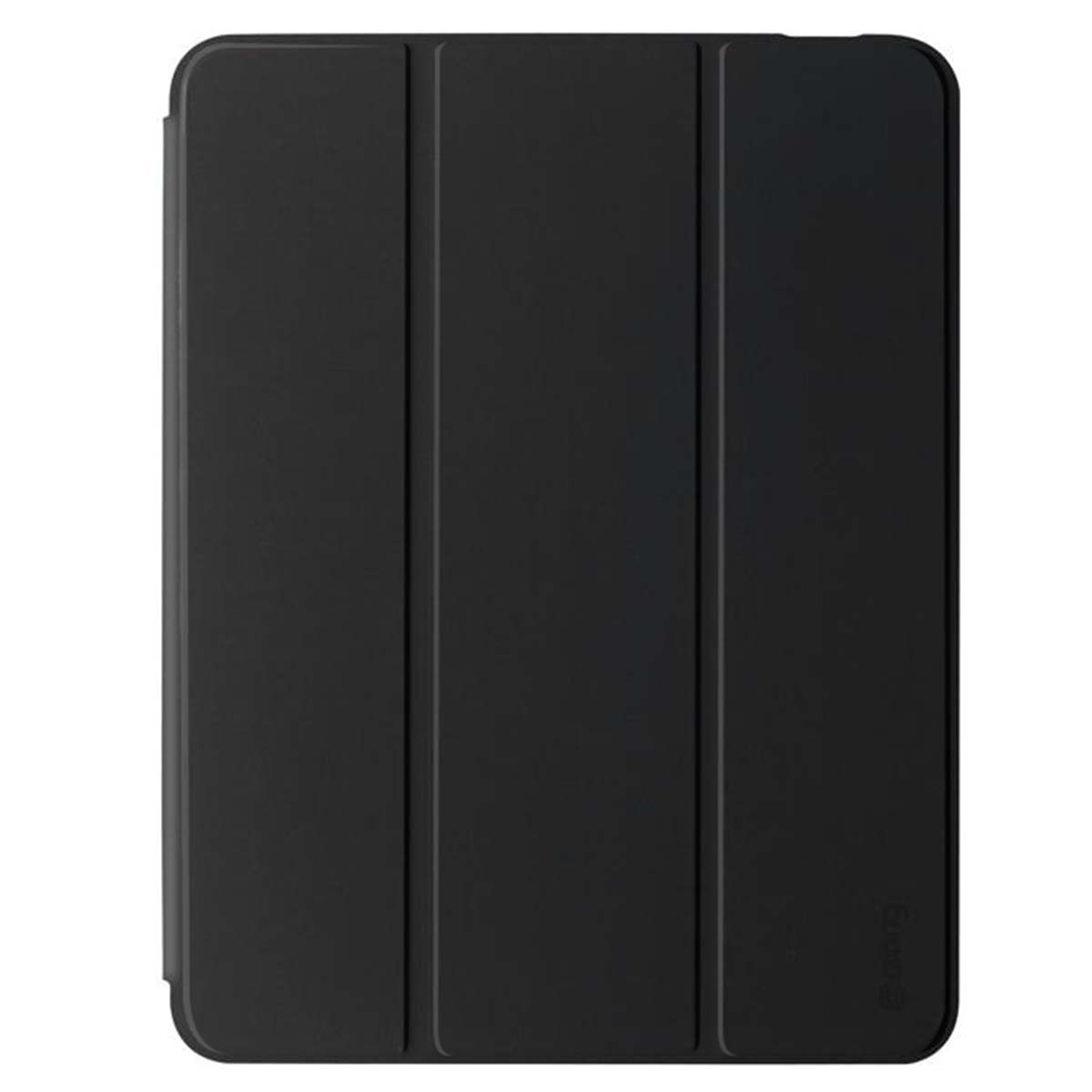 È mostrata una custodia nera per tablet, piegata. Ha tre sezioni e una finitura liscia e opaca. Il marchio è visibile a destra.