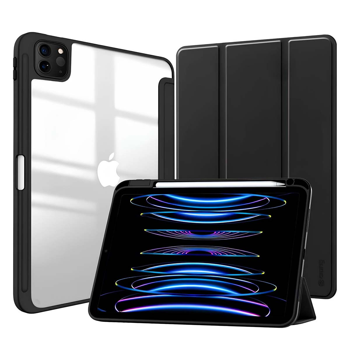 Un iPad con custodia nera, cover posteriore trasparente e cover pieghevole nera sono esposti. Una penna è sullo schermo.