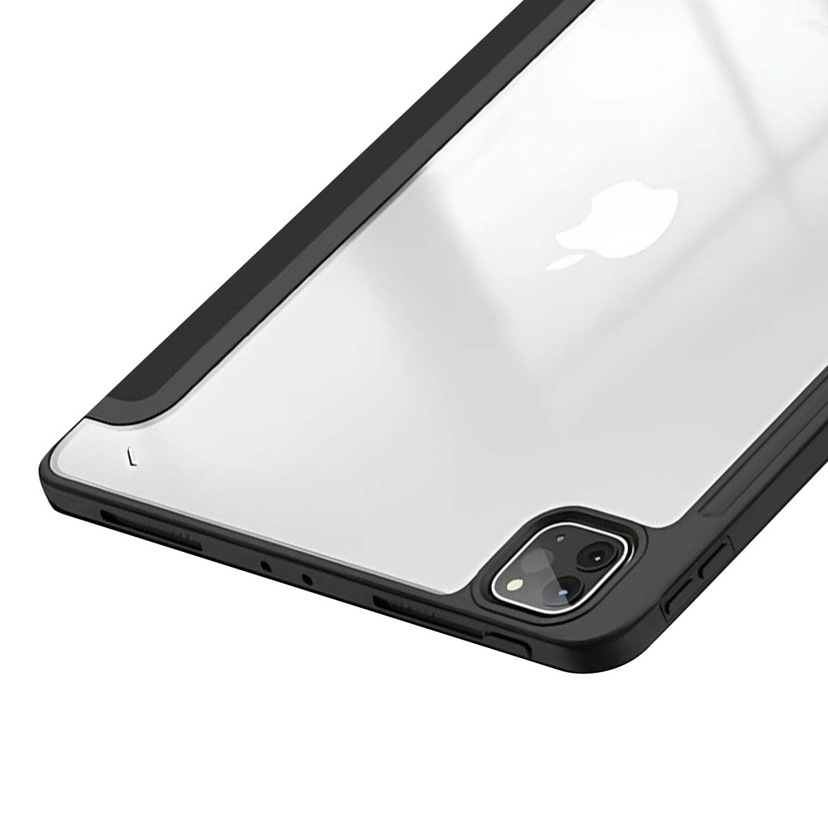 Una custodia protettiva trasparente su un iPad. La custodia ha una cornice nera. Il logo Apple è visibile.