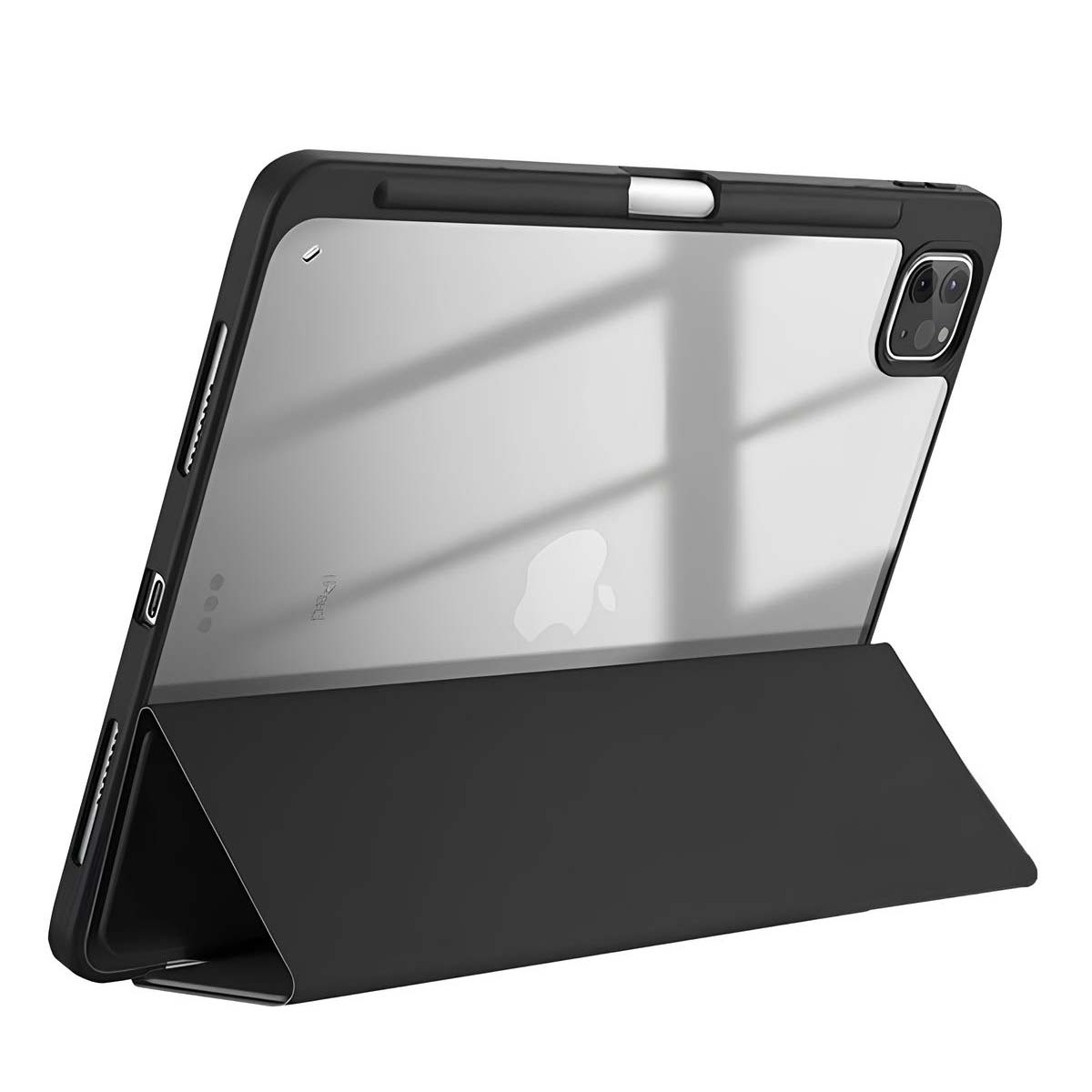 Custodia iPad nera con retro trasparente, che mostra il logo Apple. La custodia è sollevata e la cover è piegata per sostenere l'iPad.