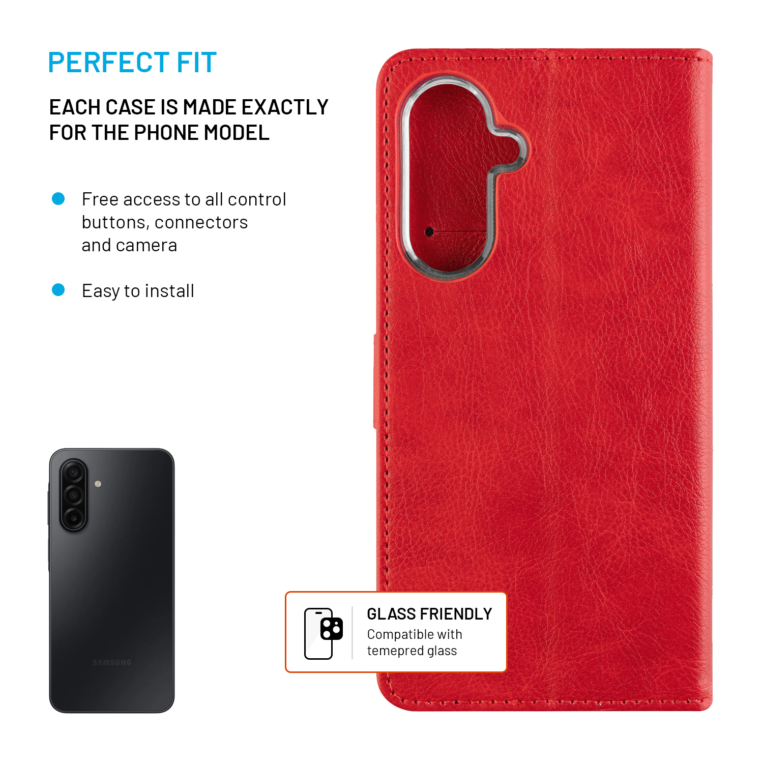 Rote Handyhülle mit Telefon und Text. Die Handyhülle ist offen und zeigt das rote Innenfutter. Text zeigt perfekte Passform.