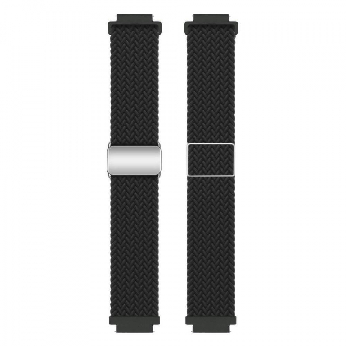 Zwei schwarze Uhrenarmbänder nebeneinander, mit silbernen Verschlüssen. Die Bänder haben eine gewebte Textur. Dunkler Hintergrund.