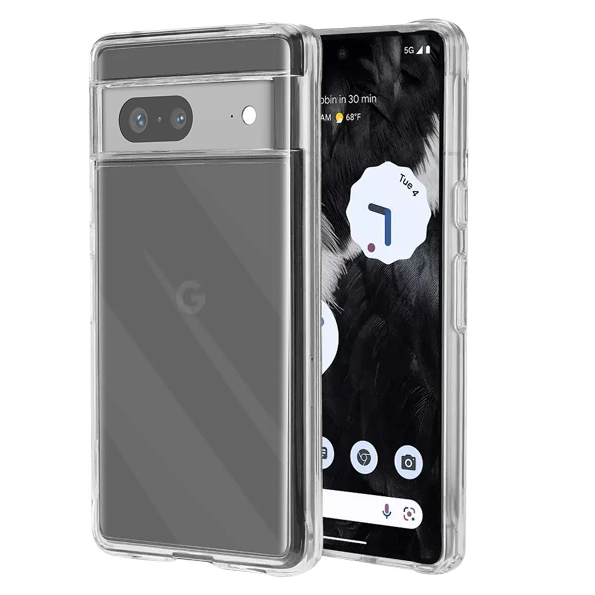 Una custodia trasparente su un telefono Google Pixel. Il telefono mostra una schermata iniziale con app e un widget meteo.