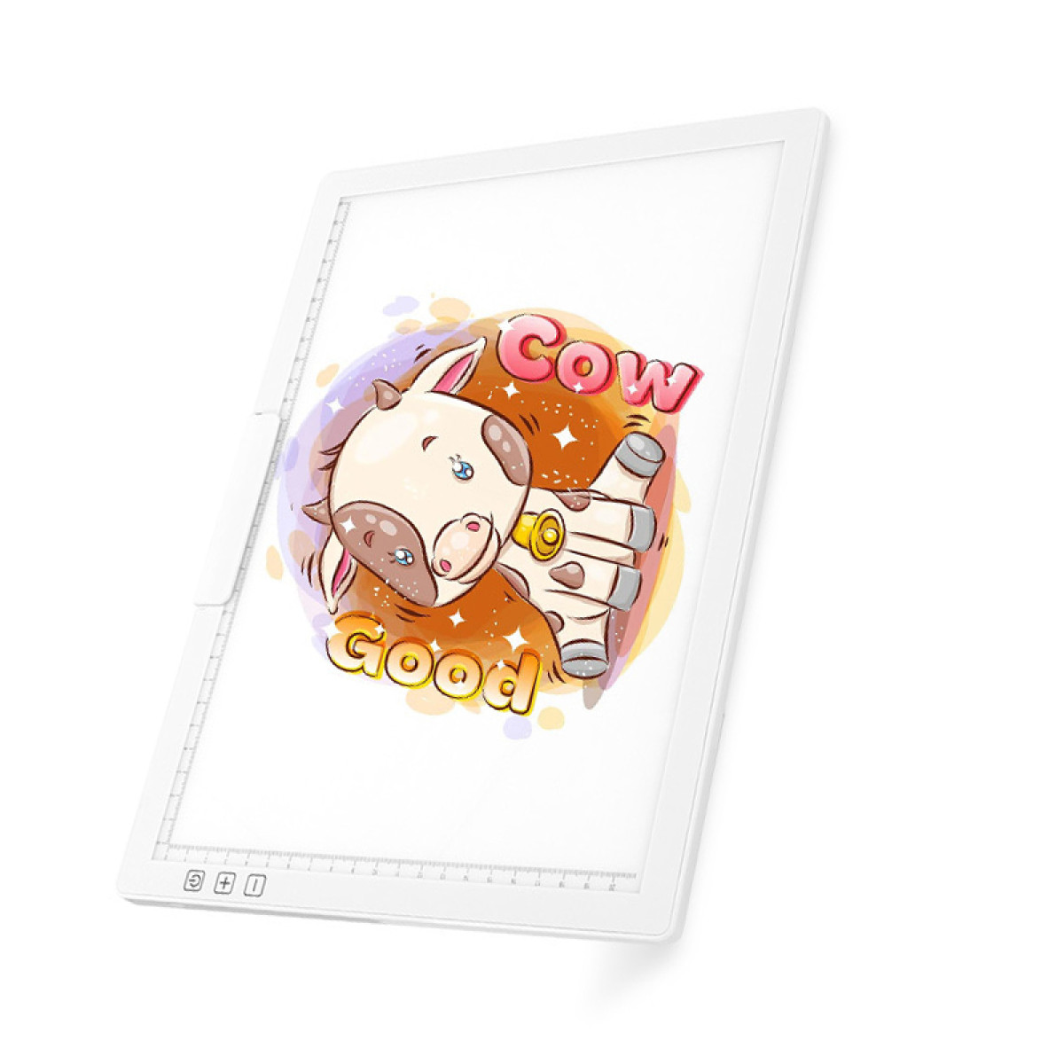 Ein weißes Leuchtpad mit einer Zeichentrickkuh, die einen Daumen hoch gibt. Der Text lautet 'Cow good'. Der Hintergrund ist bunt.