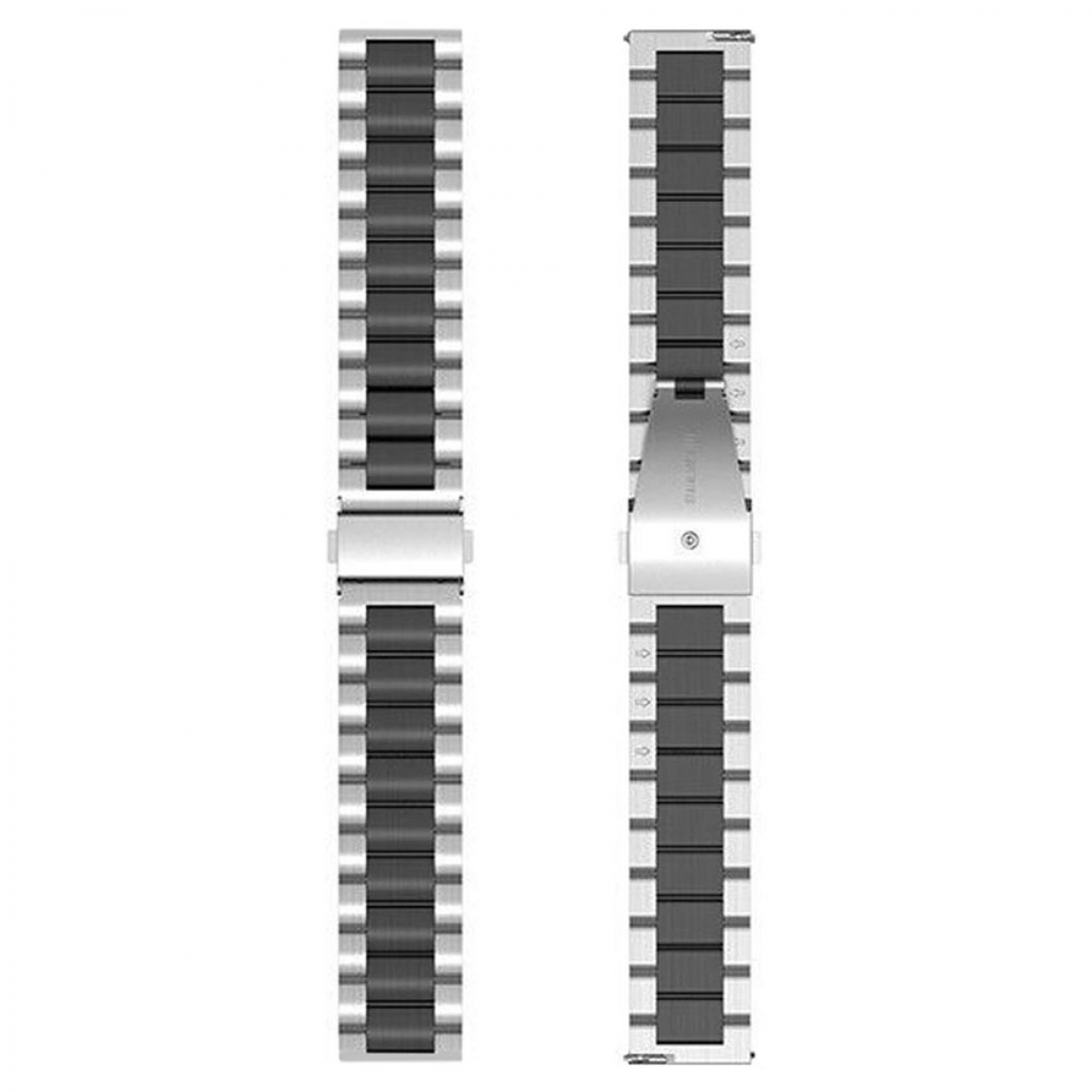 Zwei Uhrenarmbänder. Jedes hat silberne Glieder an den Seiten und schwarze Mittelglieder. Eines hat einen Verschluss.