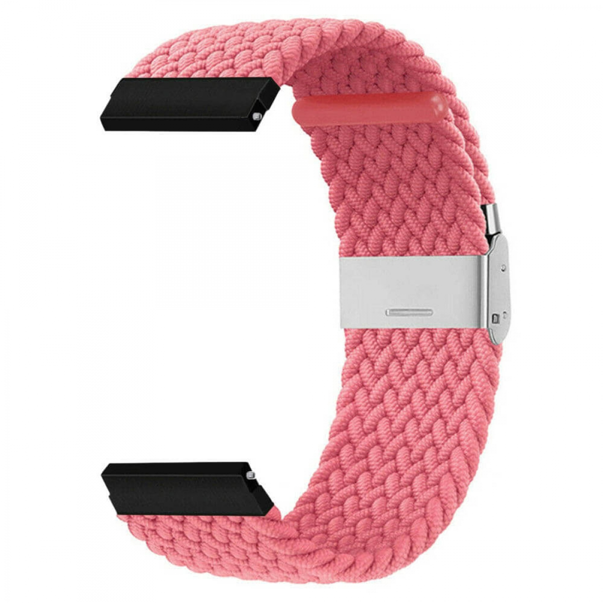Ein rosa gewebtes Uhrenarmband mit schwarzen Steckern und einem silbernen Verschluss. Das Armband ist ein Schlaufendesign.