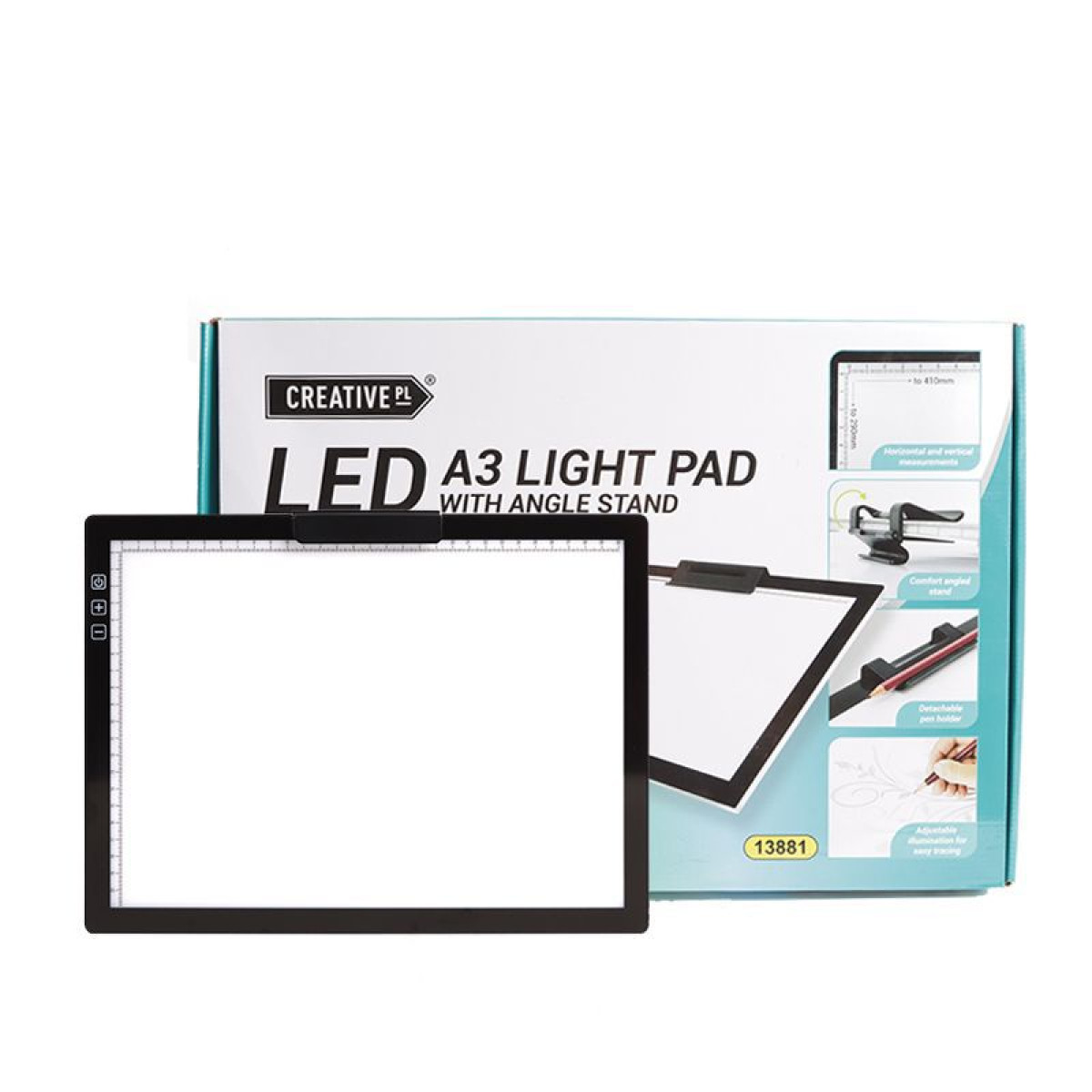 Ein A3-LED-Leuchtpult mit Winkelständer vor der Box. Die Box zeigt Funktionen wie horizontale und vertikale Messungen.