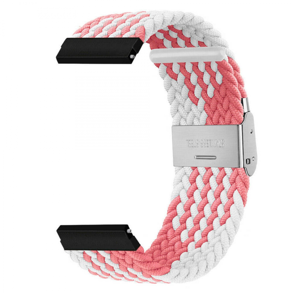 Armbanduhr mit rosa, weiß gewebtem Muster und Stahlschließe. Schwarze Anschlüsse an jedem Ende.