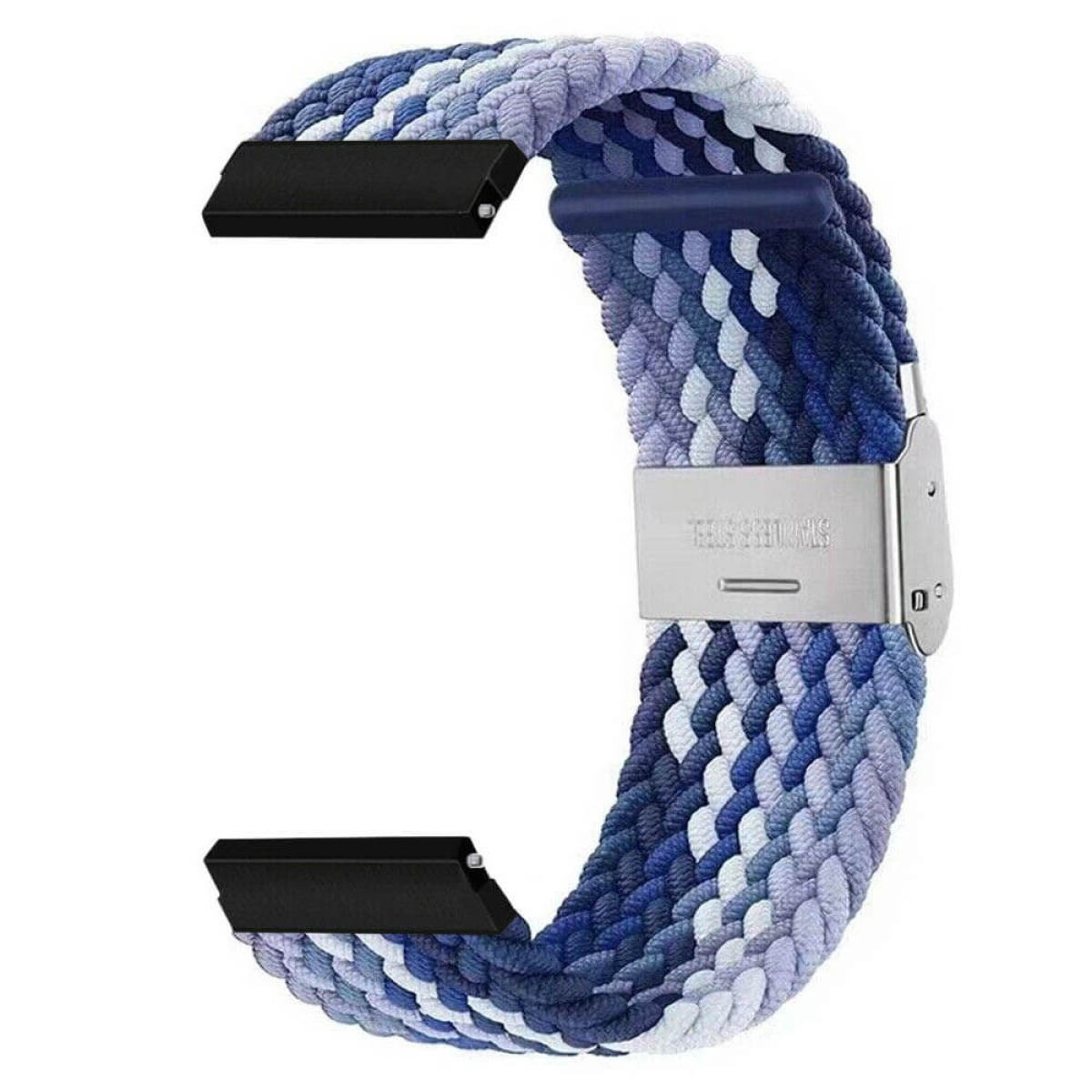 Geflochtenes Uhrenarmband in Blau- und Weißtönen. Es hat schwarze Anschlüsse und eine Edelstahlschnalle.