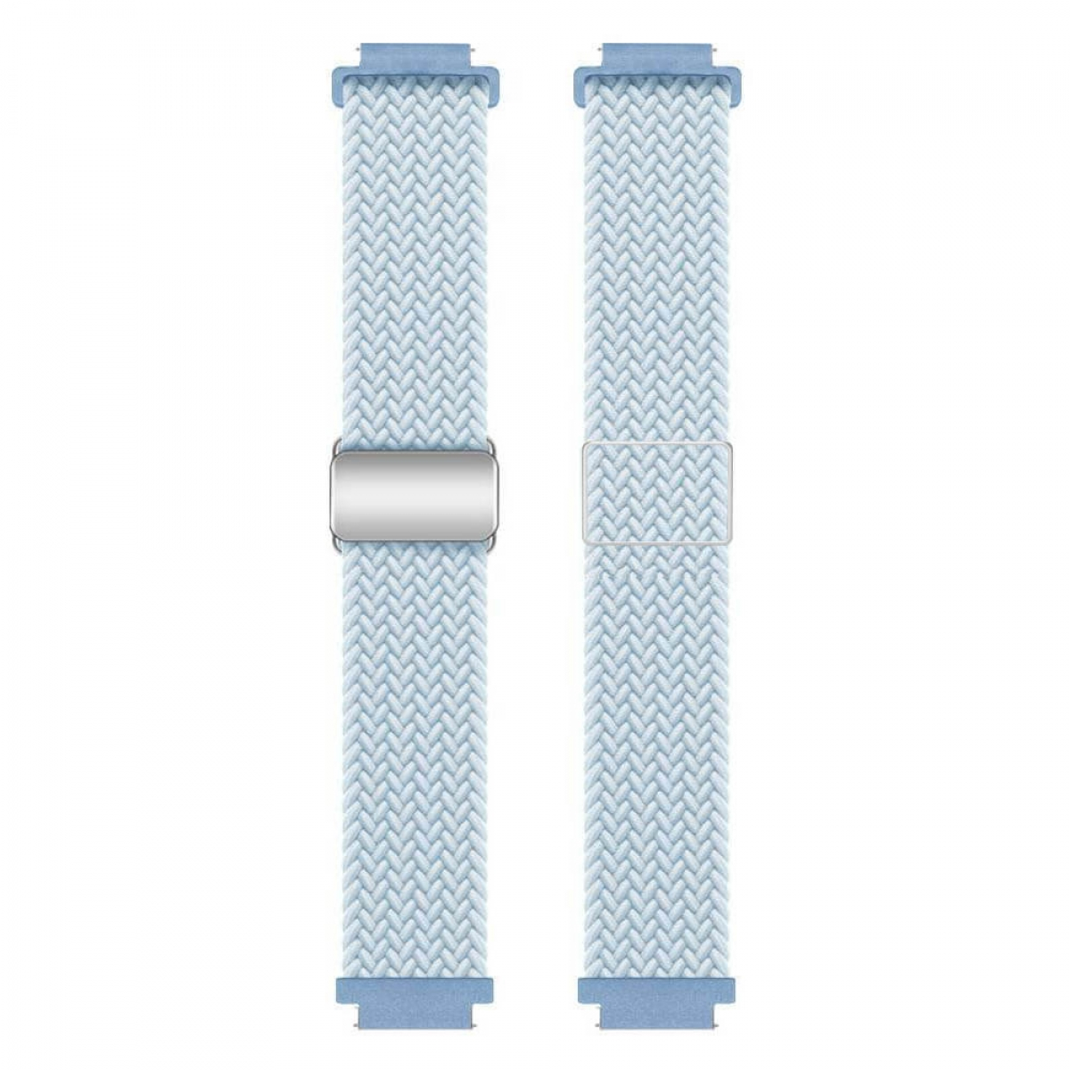 Zwei hellblaue Uhrenarmbänder mit gewebtem Design. Jedes hat eine Metallschnalle und einen blauen Anschluss an jedem Ende.