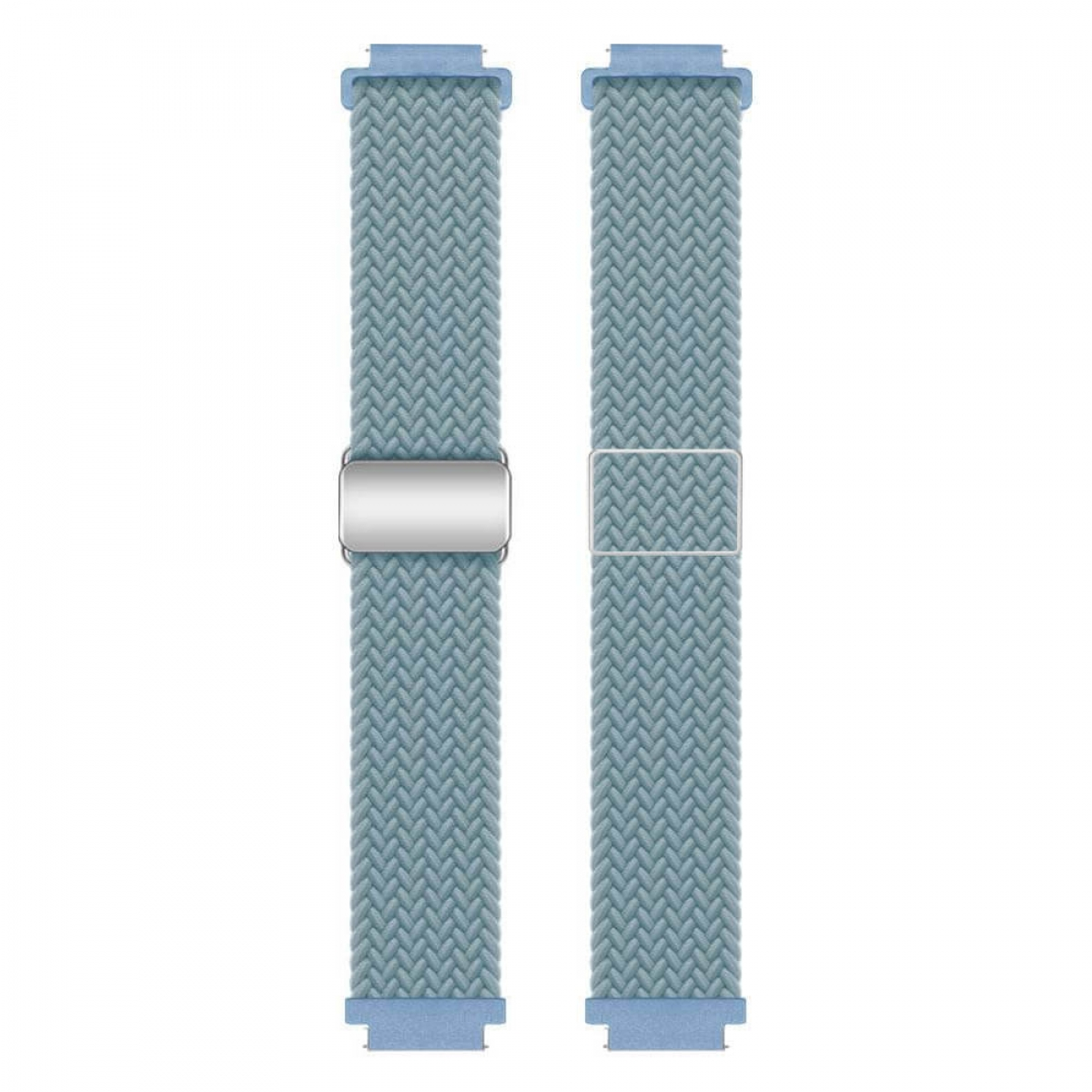 Zwei hellblaue Uhrenarmbänder mit gewebtem Muster. Silberne Schnallen und hellblaue Anschlüsse. Weißer Hintergrund.