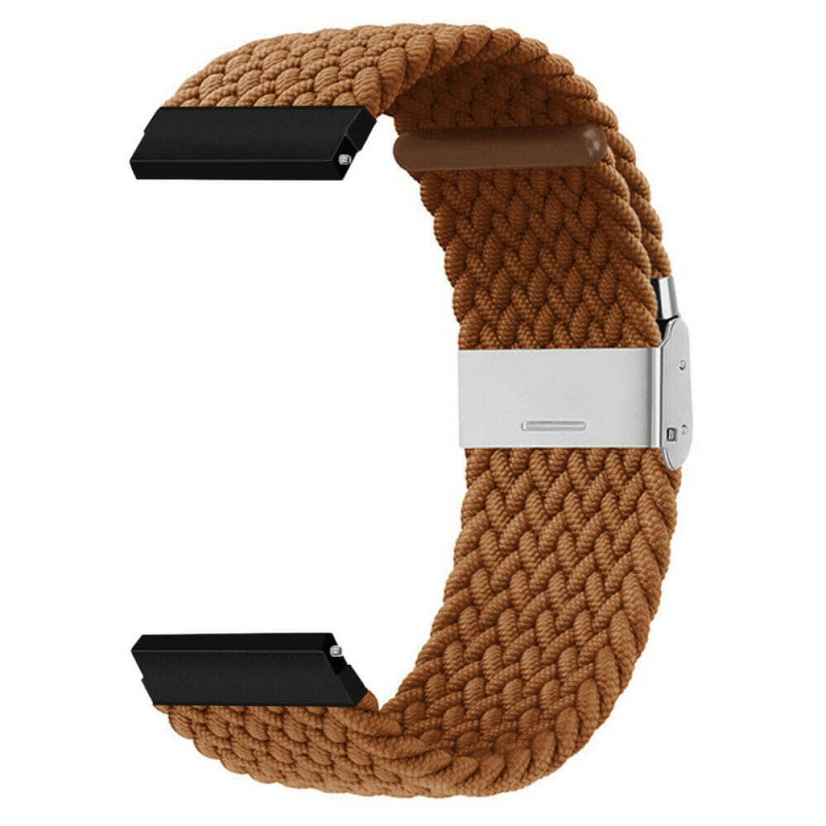 Geflochtenes braunes Uhrenarmband mit schwarzen Steckern und einer silbernen Schnalle. Das Band ist kreisförmig geschlungen.
