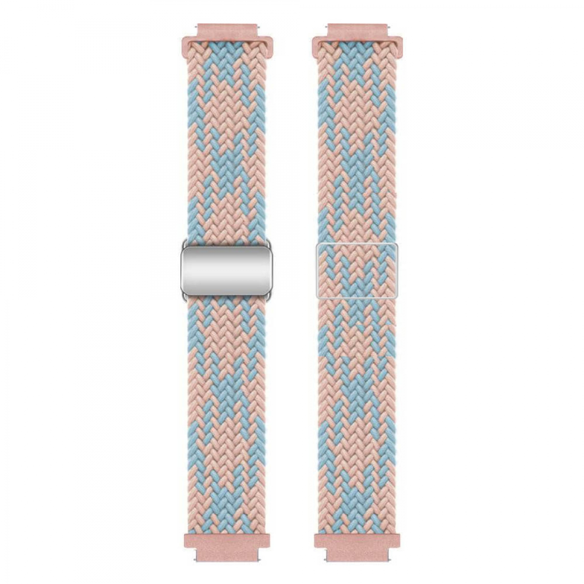 Geflochtenes Uhrenarmband in Rosa und Hellblau. Mit zwei Teilen, Metallverschluss und Anschlüssen. Isoliert auf weißem Hintergrund.