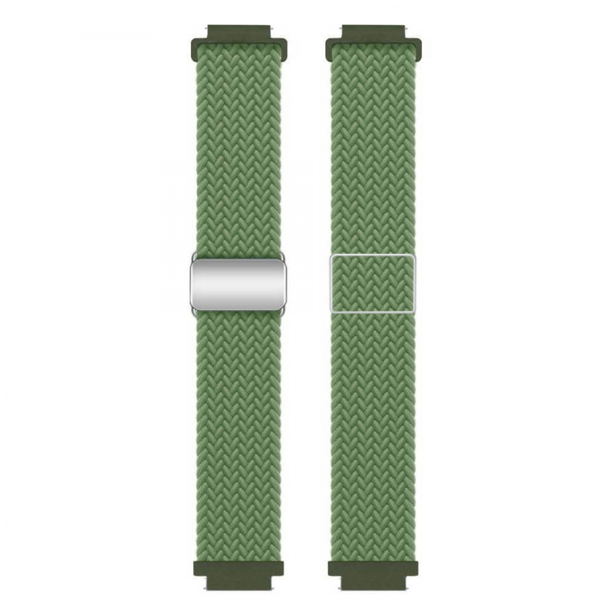 Zwei grüne Armbänder mit gewebtem Muster. Jedes hat einen Metallverschluss. Dunkelgrüne Anschlüsse an beiden Enden.
