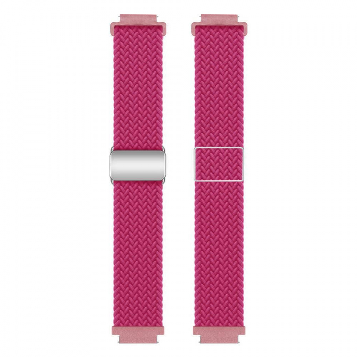 Zwei rosa geflochtene Uhrenarmbänder mit silbernen Verschlüssen. Jeder Riemen hat ein strukturiertes Muster und ein stiftartiges Ende.