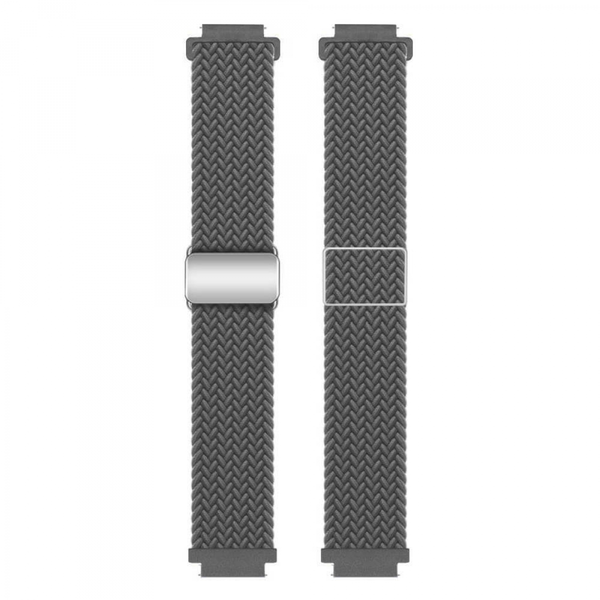Zwei graue Uhrenarmbänder nebeneinander. Jedes hat eine gewebte Textur und eine Metallschnalle.