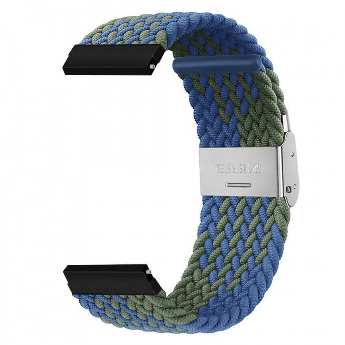 Geflochtenes Uhrenarmband mit blauen, grünen und grauen Fäden. Mit schwarzen Anschlüssen und Edelstahlverschluss.