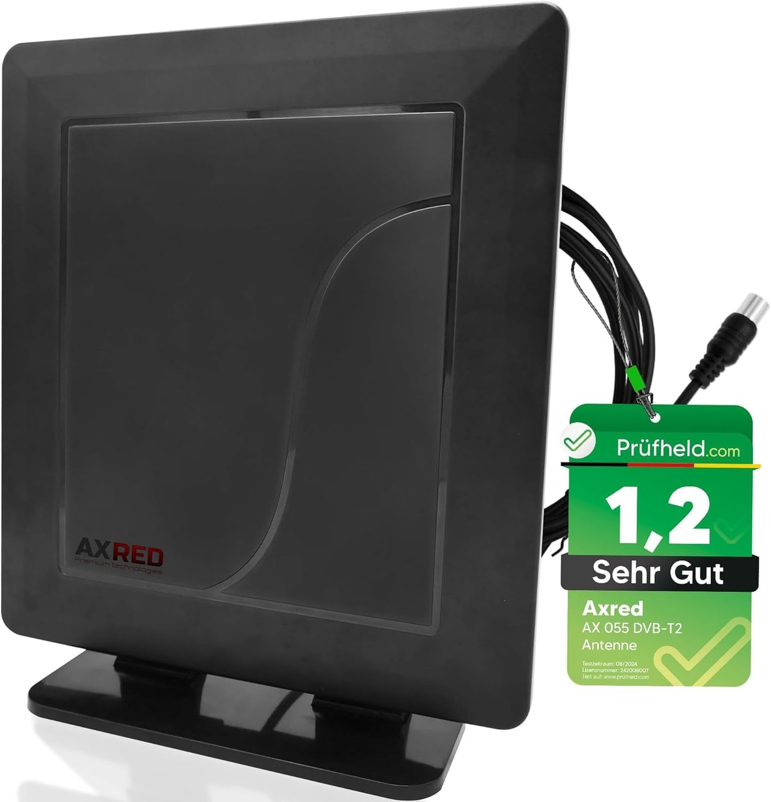 Schwarze DVB-T2-Antenne. Mit Axred-Logo und einem 'Sehr Gut'-Bewertungsaufkleber von Prüfheld.com. Inklusive Kabel und Stecker.