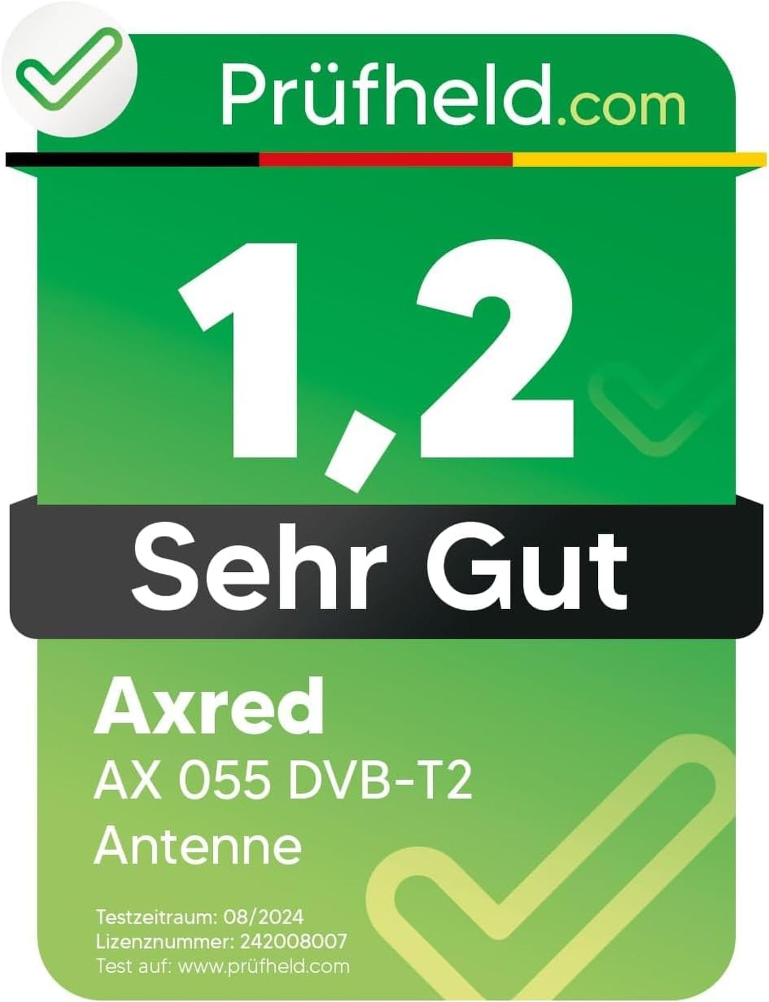 Ein grünes und weißes Logo mit dem Text 'Prüfheld.com', einer Bewertung von 1,2 'Sehr Gut' und Details zu einer 'Axred' Antenne.