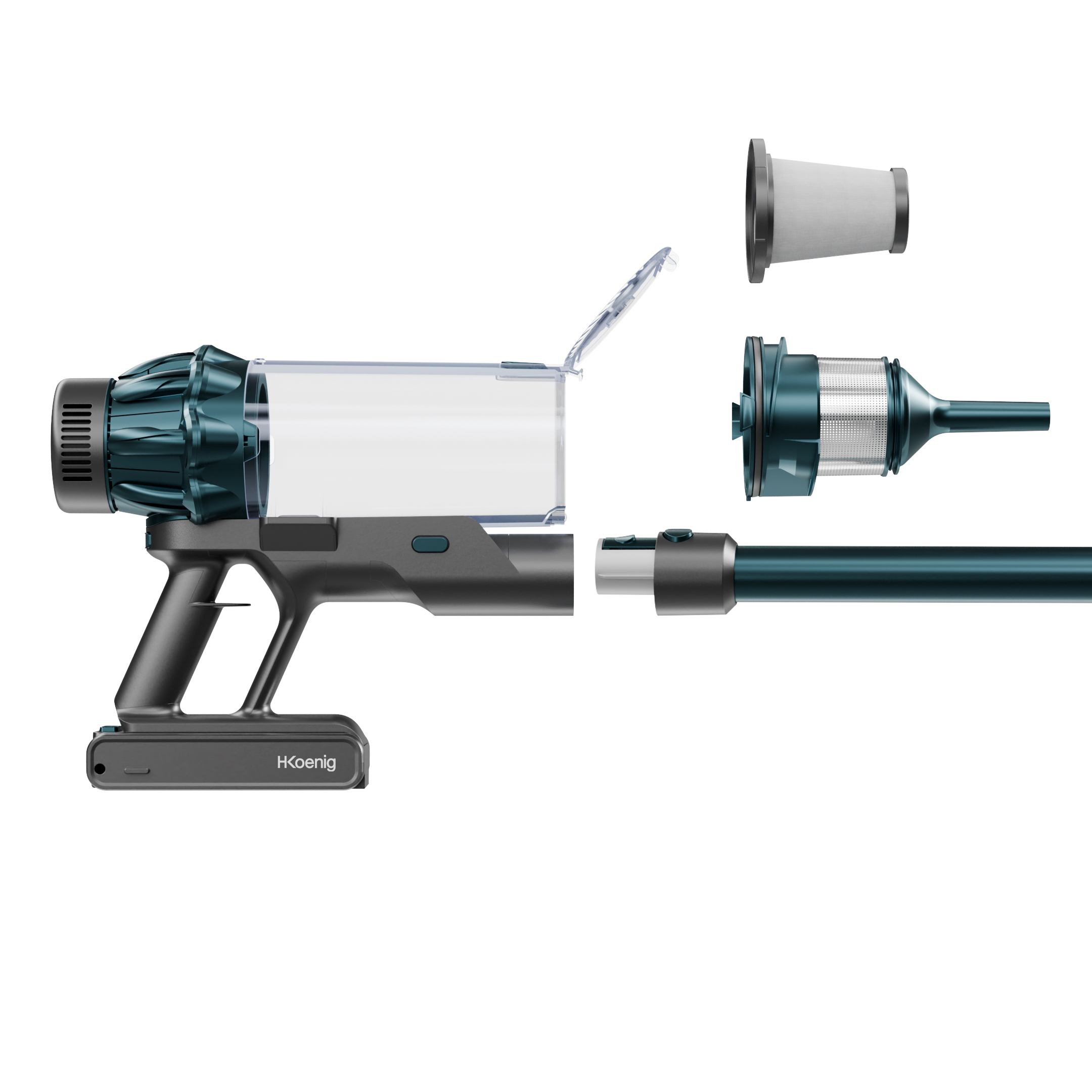 Aspiradora inalámbrica desmontada. Componentes incluyen motor, depósito de polvo, filtro y varilla de extensión. Teal y gris.