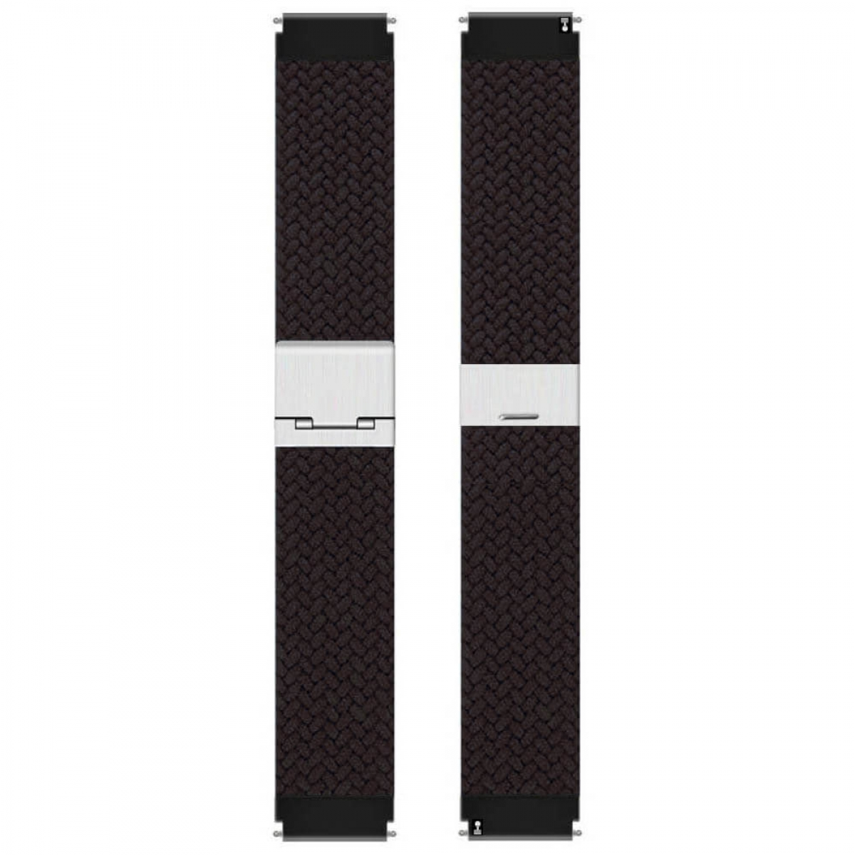 Zwei Uhrenarmbänder. Dunkelbraunes geflochtenes Material mit silbernen Verschlüssen und schwarzen Endstücken. Weißer Hintergrund.
