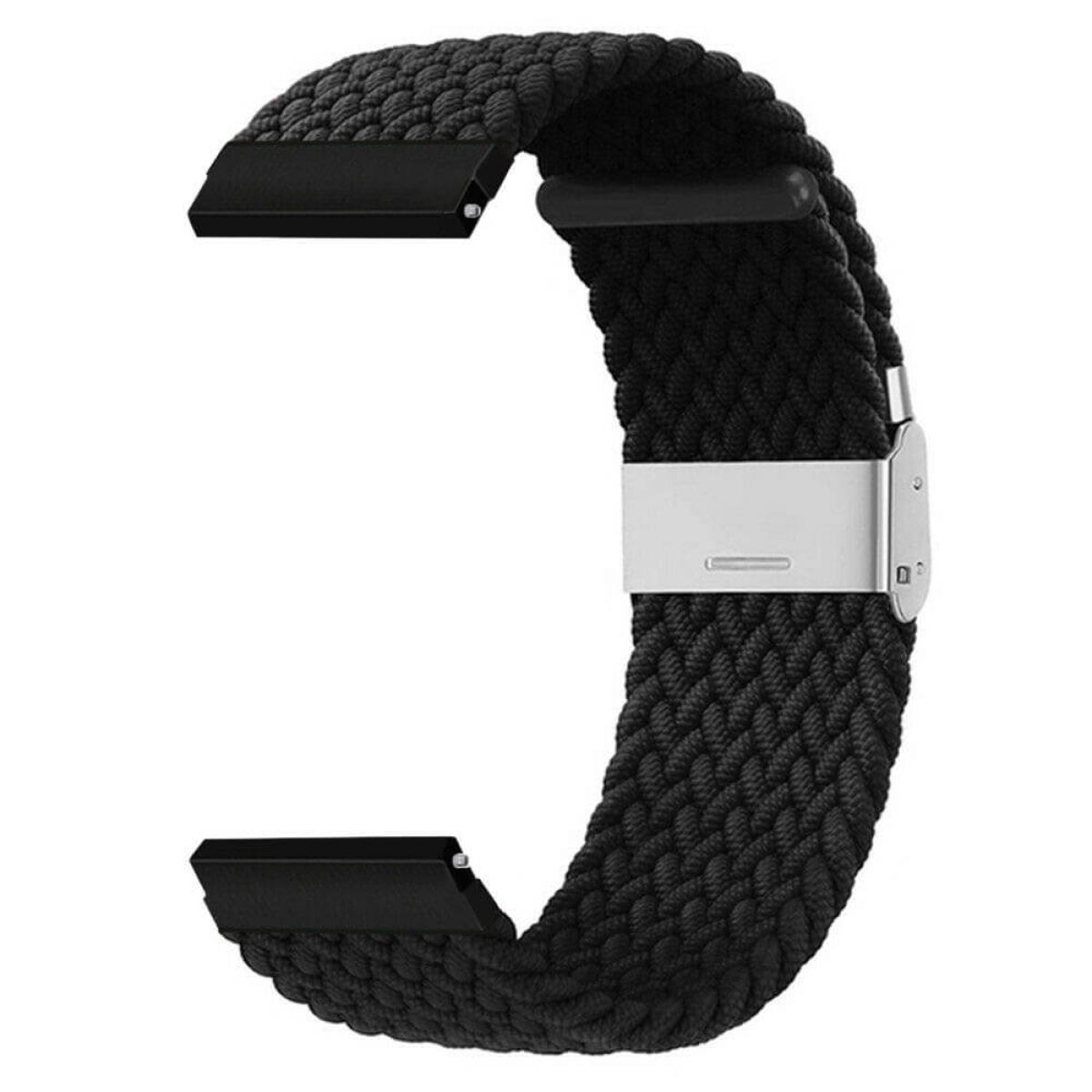 Ein schwarzes gewebtes Uhrenarmband mit silberner Schließe. Das Armband hat schwarze Metallverbinder. Das Gewebe ist dick und strukturiert.
