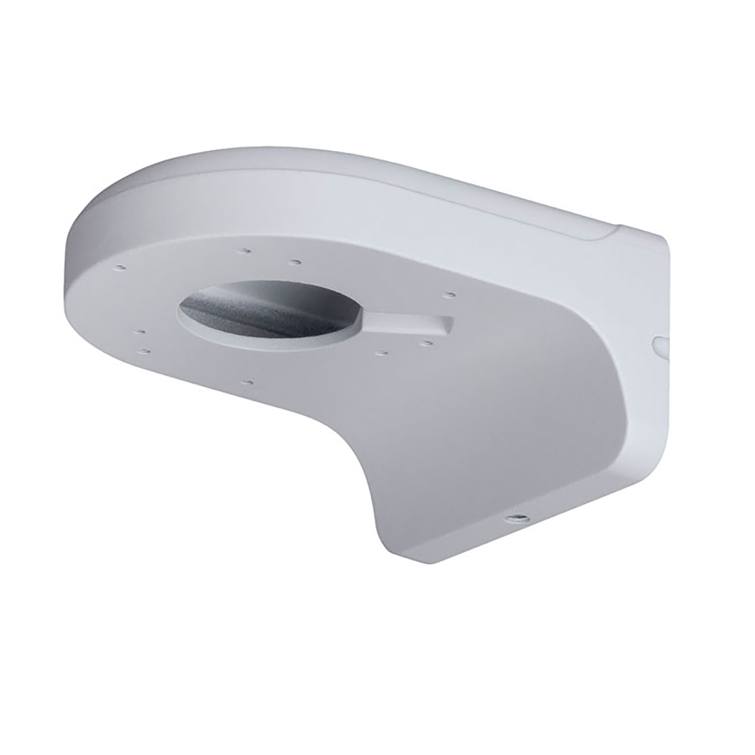 Biały, zakrzywiony uchwyt kamery bezpieczeństwa. Ma okrągły otwór i kilka otworów na śruby.