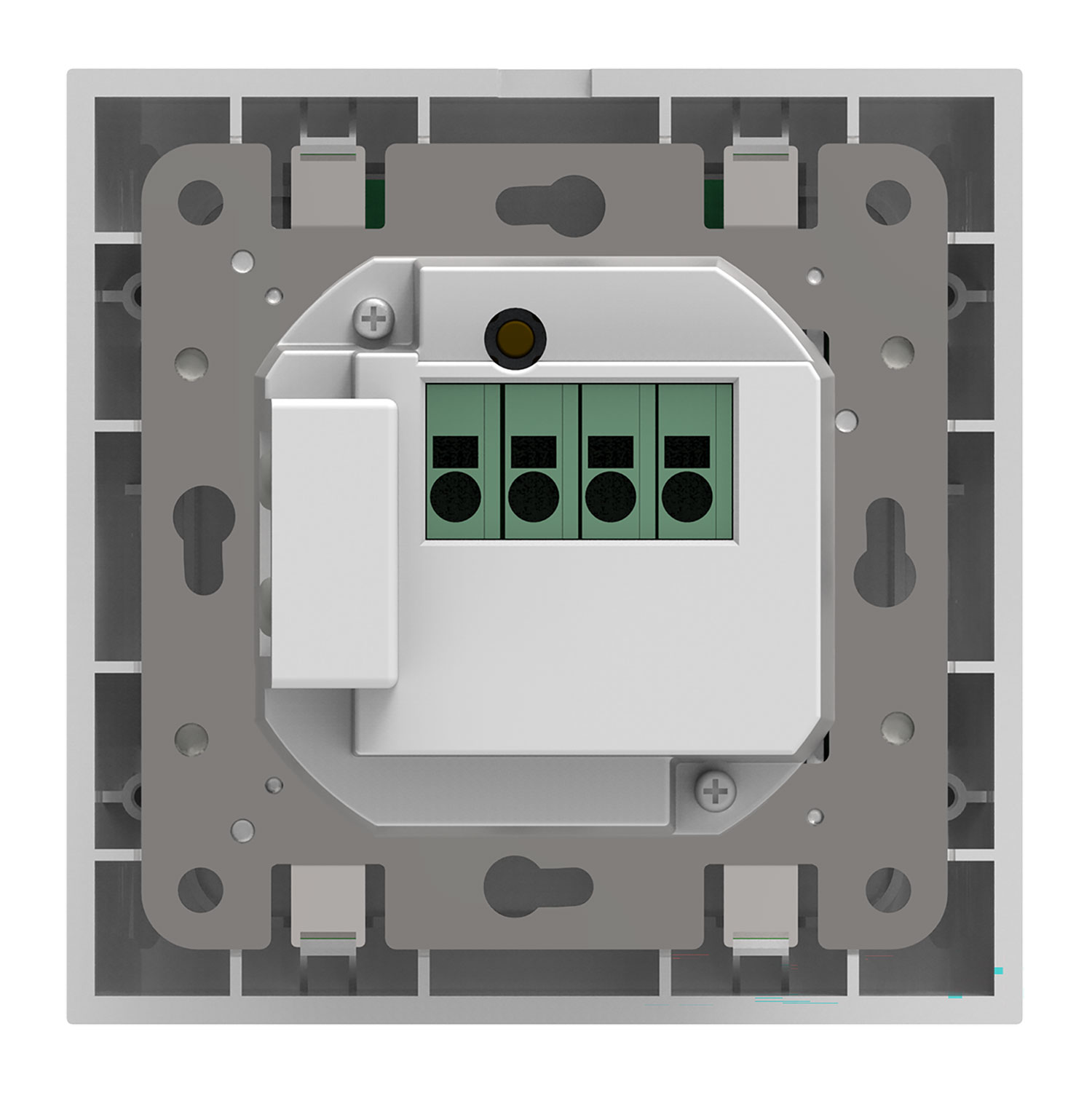 Eine weiße elektrische Komponente mit grünen Anschlüssen, einer zentralen weißen Box und einem grauen Metallrahmen mit Befestigungslöchern.