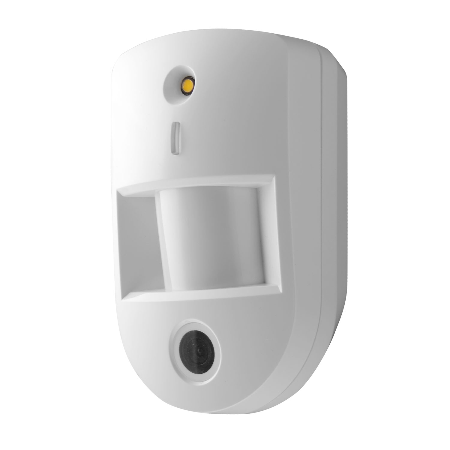 Ein weißer Bewegungssensor mit schwarzem Kameraobjektiv und gelbem Licht. Der Sensor hat eine rechteckige Form mit abgerundeten Kanten.