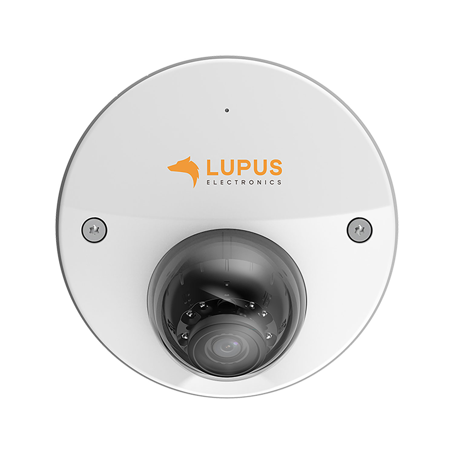 Eine weiße Überwachungskamera mit dunkler Kuppellinse. Der Markenname 'LUPUS ELECTRONICS' ist sichtbar. Zwei Schrauben sichern das Gerät.