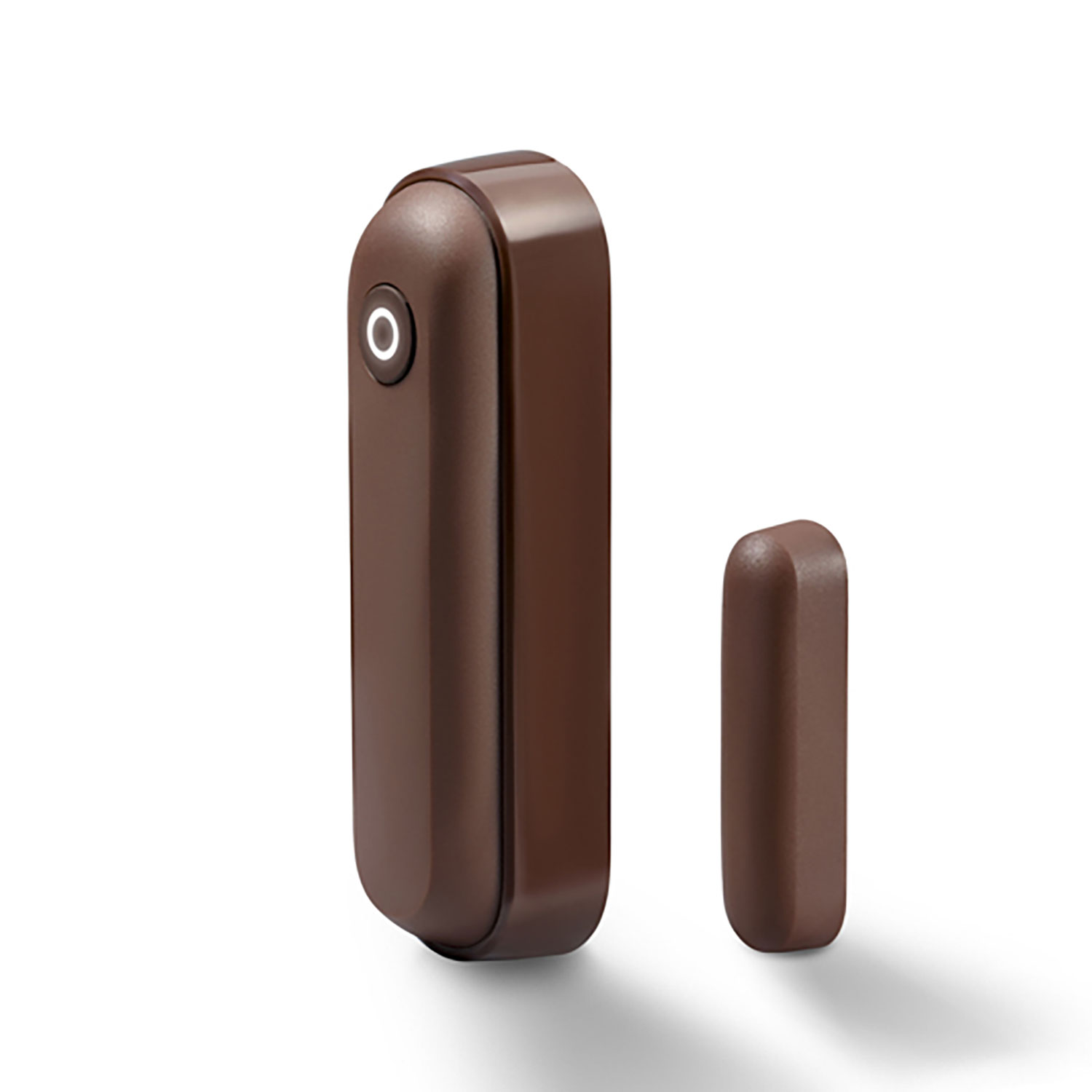 Dwa brązowe, zaokrąglone prostokątne obiekty. Jeden jest większy z okrągłym przyciskiem. Drugi jest mniejszy, umieszczony po prawej.